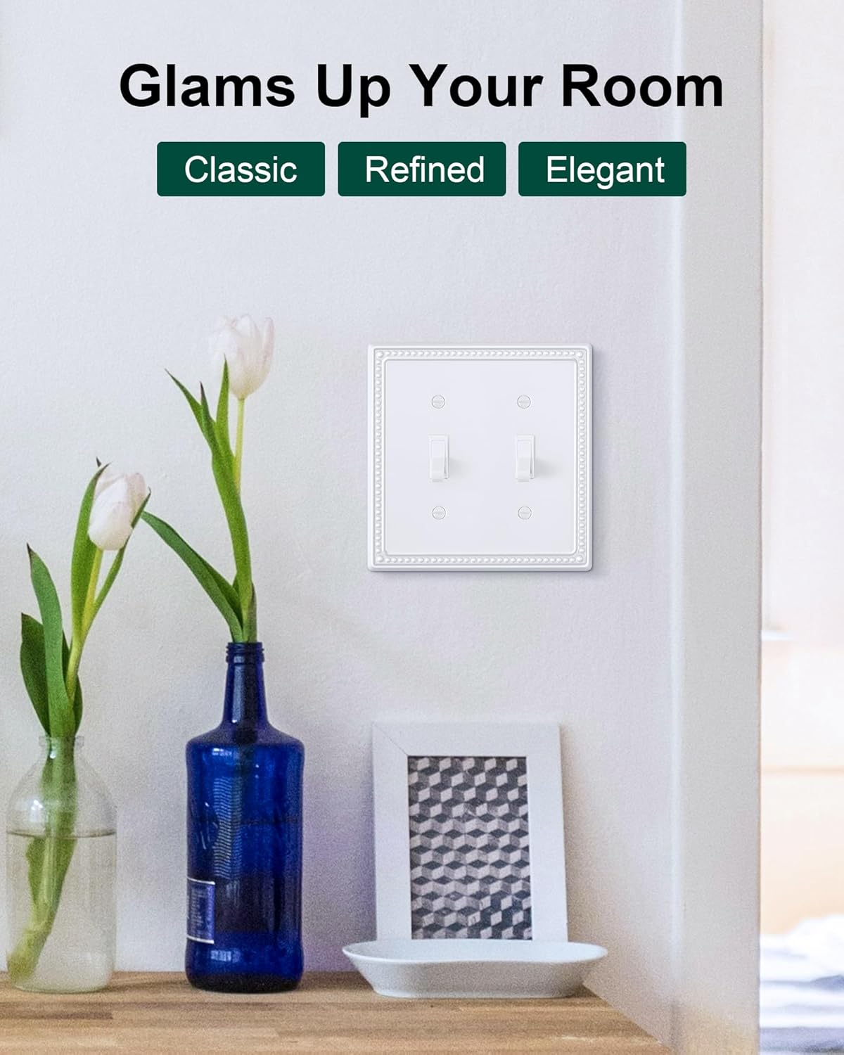 2-Pack Double Toggle Light Switch Cover Plate, Pearls Decorative Dual Switch Plate Covers, Pure White 2 Gang Metal Wall Plate, Corrosion Resistant