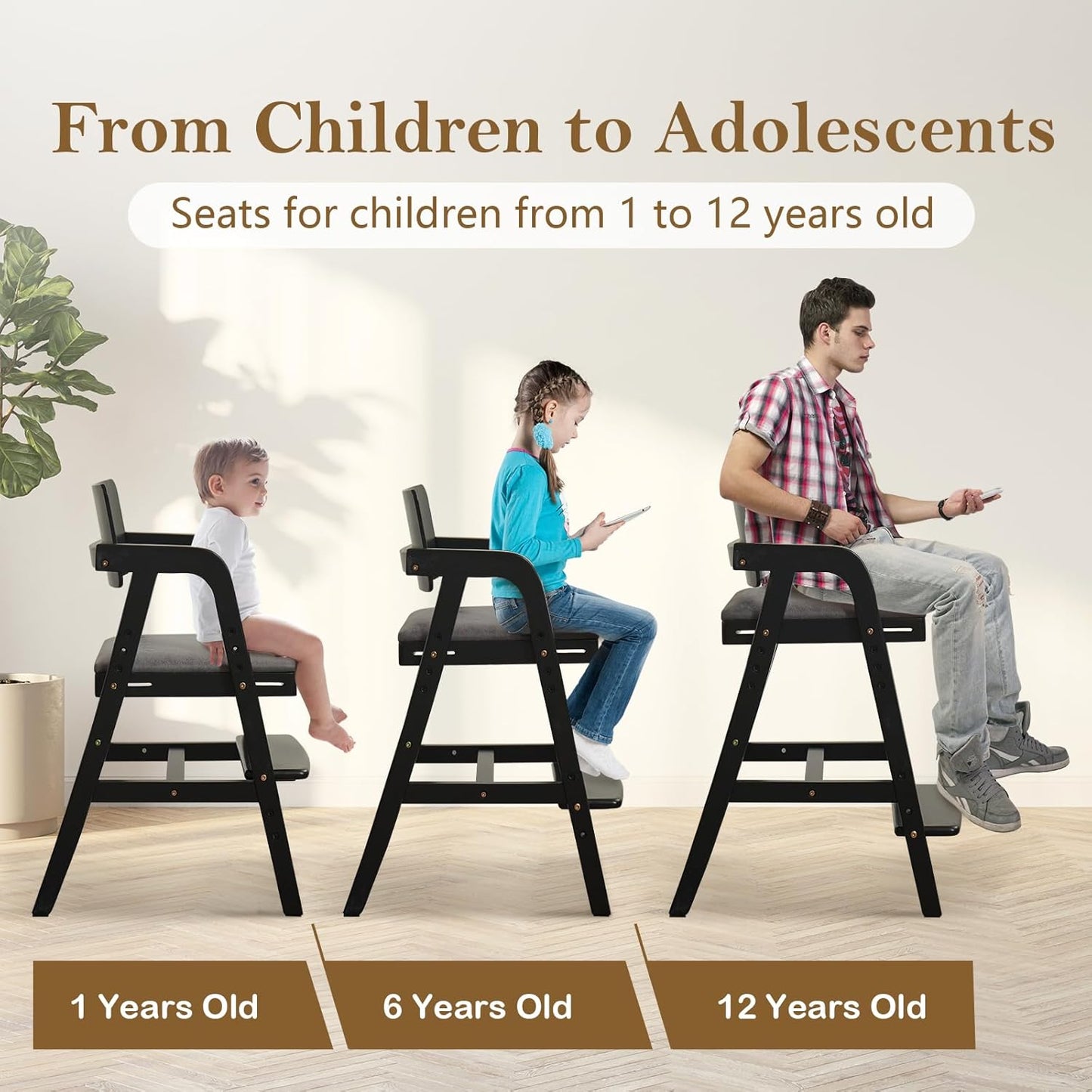 Solid Wood High Chair for Toddlers to Teens, Adjustable Height Toddler Dining Chair, Easy to Clean