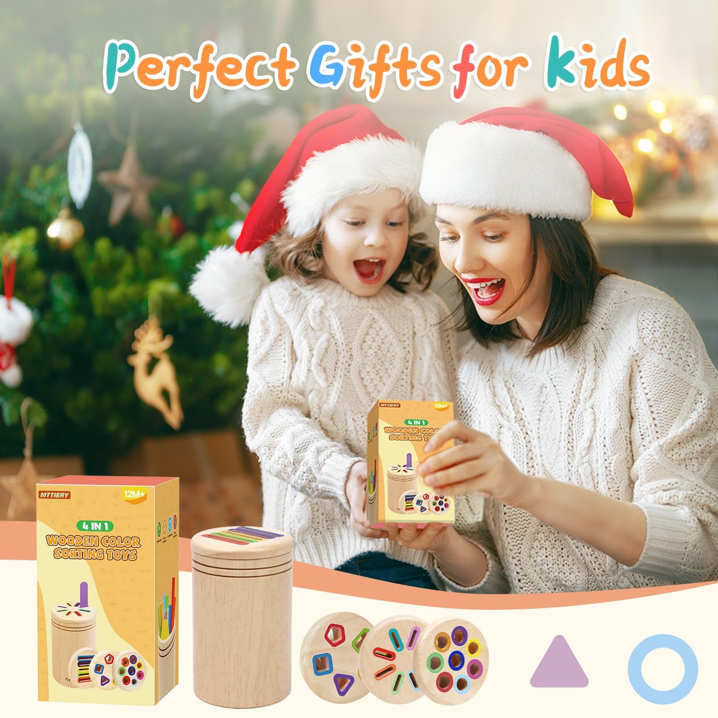 MTTIERY 4 in 1 Wooden Color Sorting Toy, Montessori Toys for 2 3 4 Year Old