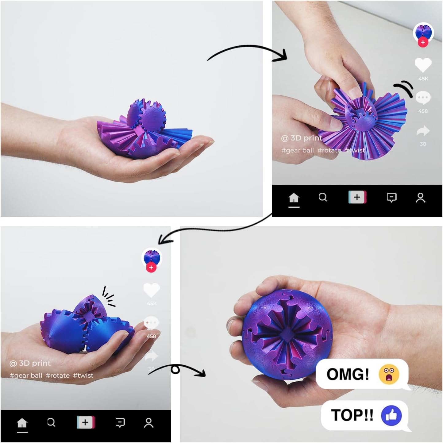 3D Printed Gear Ball ,Gear Ball Spin Ball or Cube Fidget Toy,Gear Sphere Desk Toy,Gift for Stress and Anxiety Relief (blue&green)