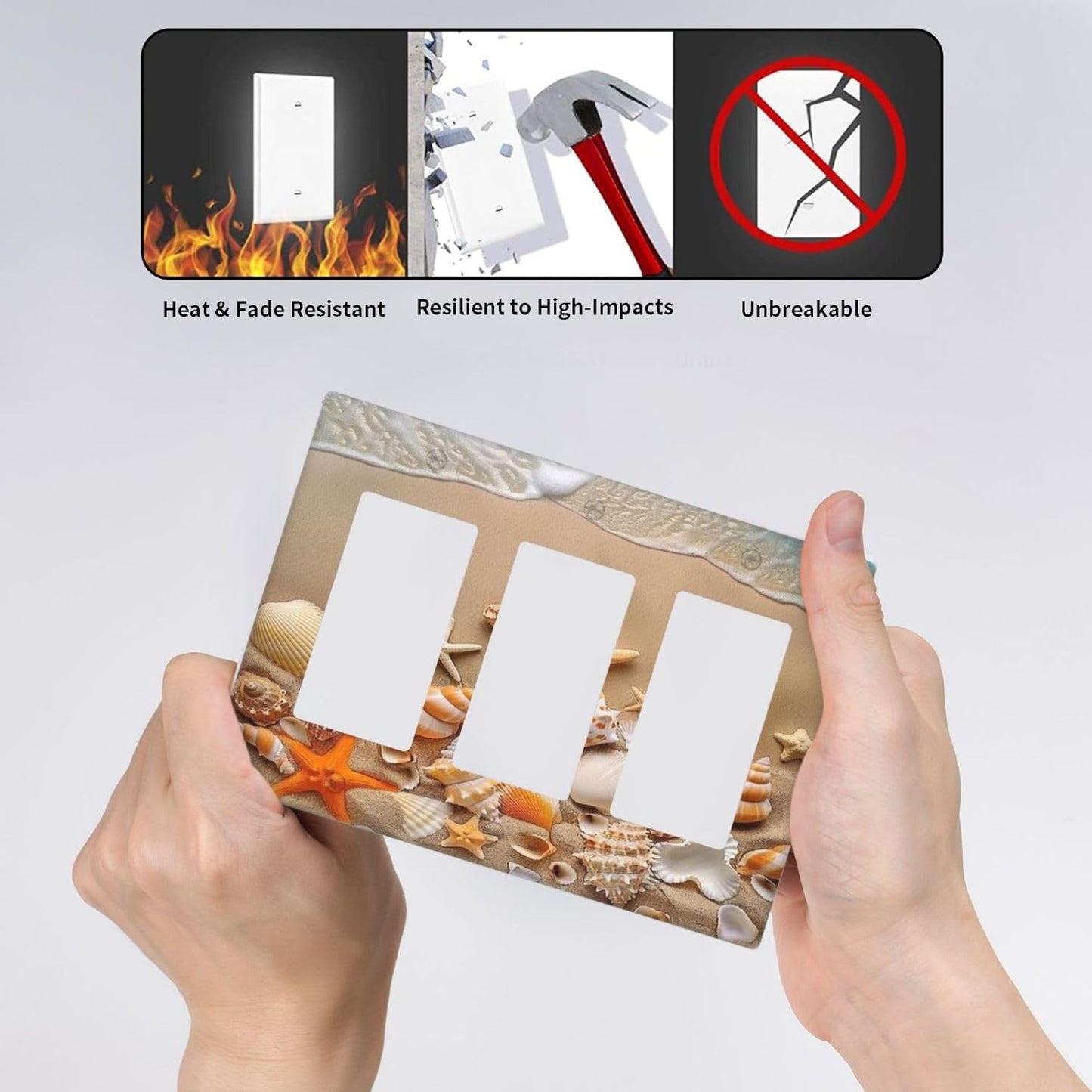 Decorative Outlet Covers Beachy Sea Ocean Seashell Starfish 3 Gang Wall Plate Triple Rocker Light Switch Cover Plate Jumbo Electrical GFCI Faceplate for Bathroom Bedroom Home Decor