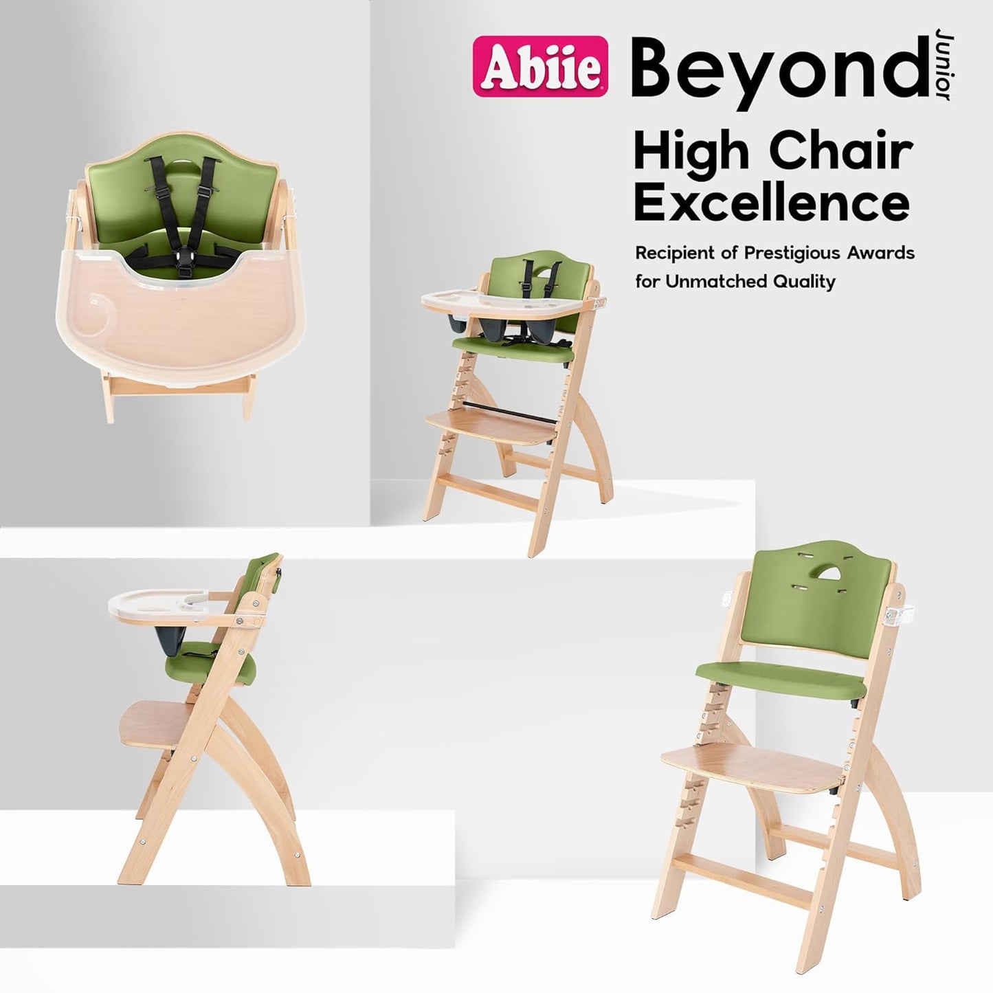Abiie Beyond Junior Wooden High Chair with Tray - Adjustable and Convertible High Chair for Babies