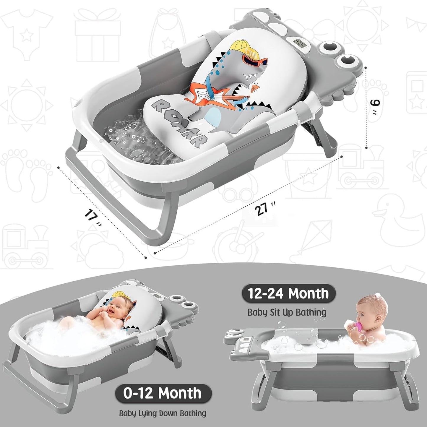 MoreFeel Collapsible Baby Bathtub for Newborn with Thermometer & 1 Hooded Towel & 1 Soft Floating