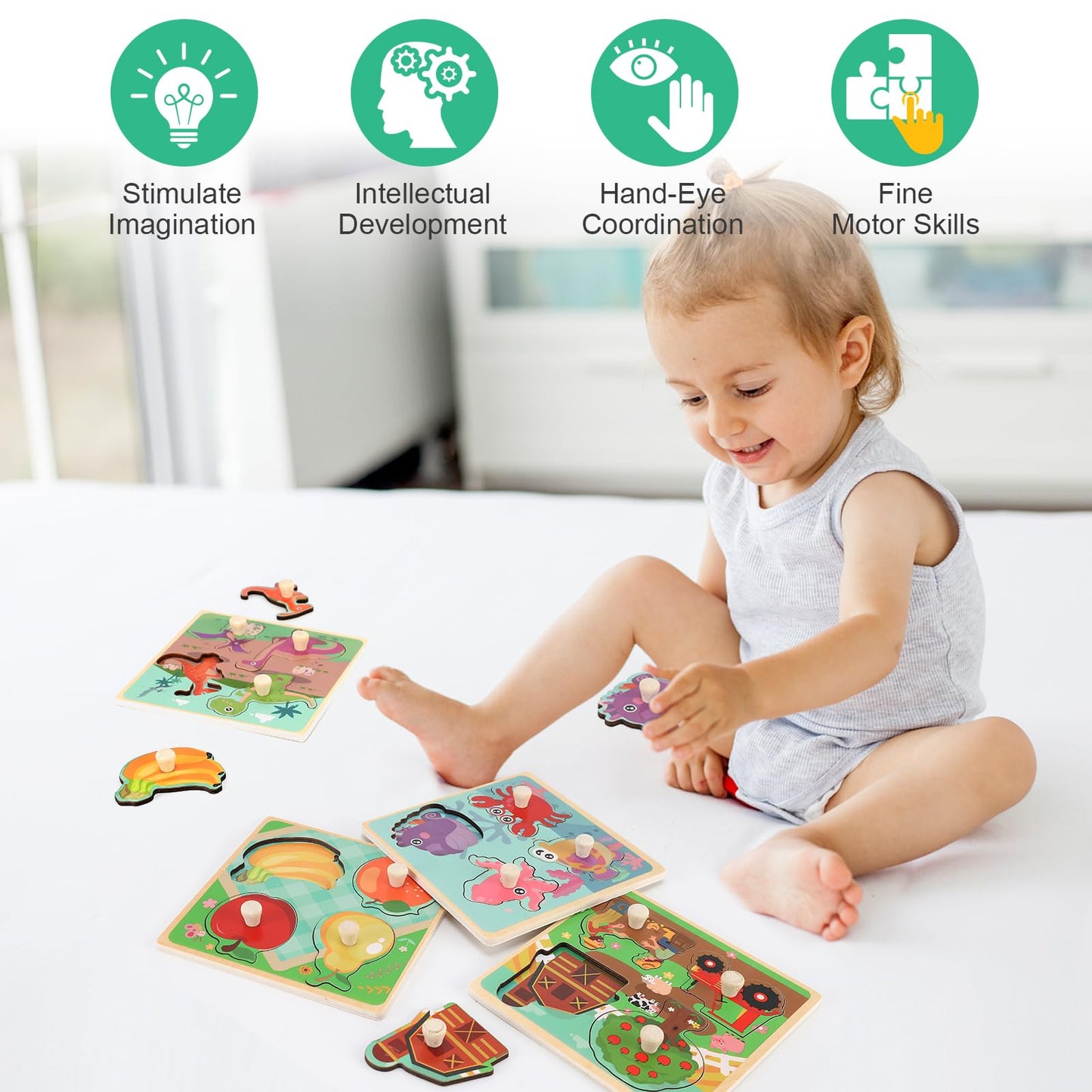 Wooden Peg Puzzles for Toddlers 1-3, Kids' Educational Preschool Peg Puzzle Toy, Set of 4 Toddler