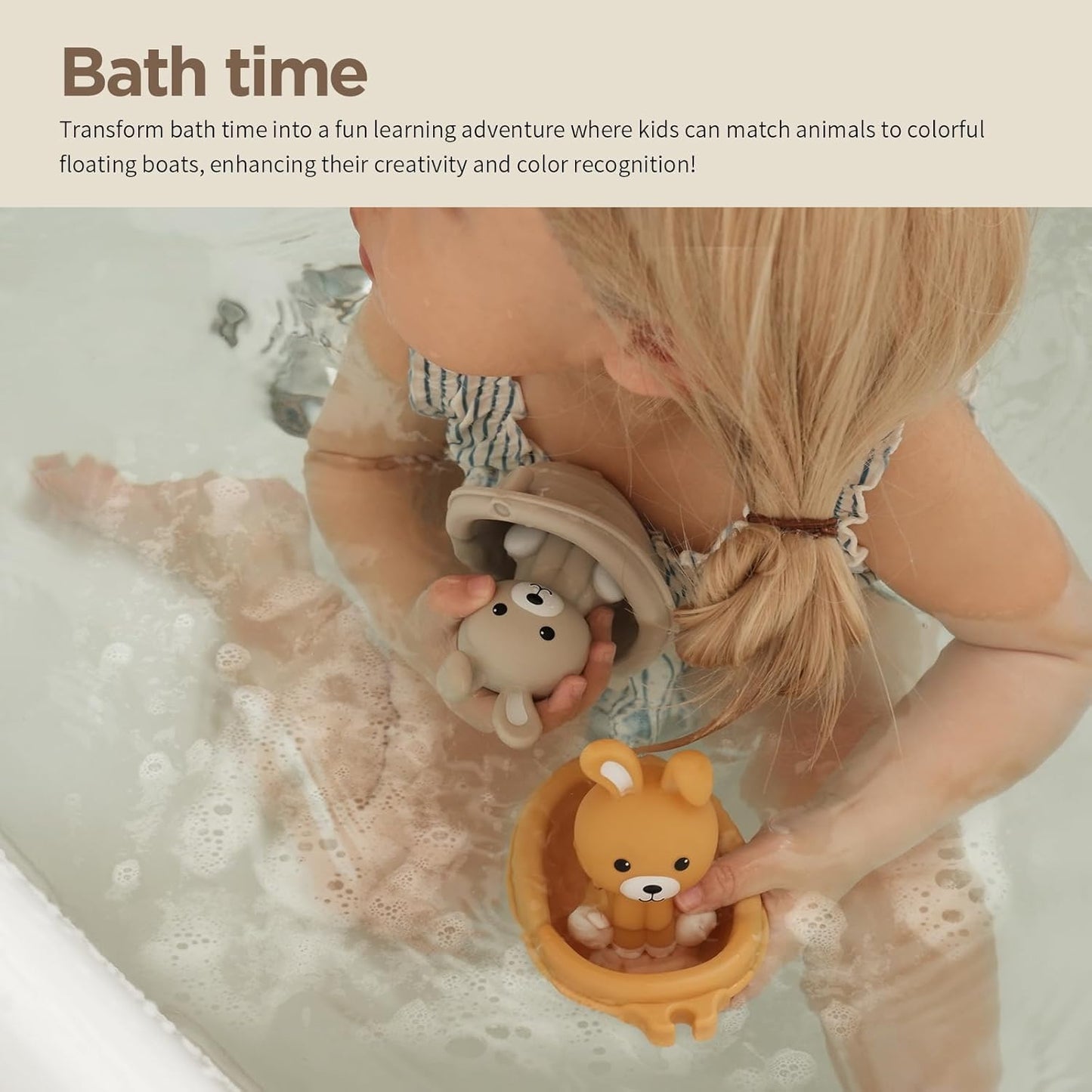 Nueplay Bathtub Toys for Toddlers 18M+,Baby Bath Toys with Animal Finger Puppets,Stackable Boat