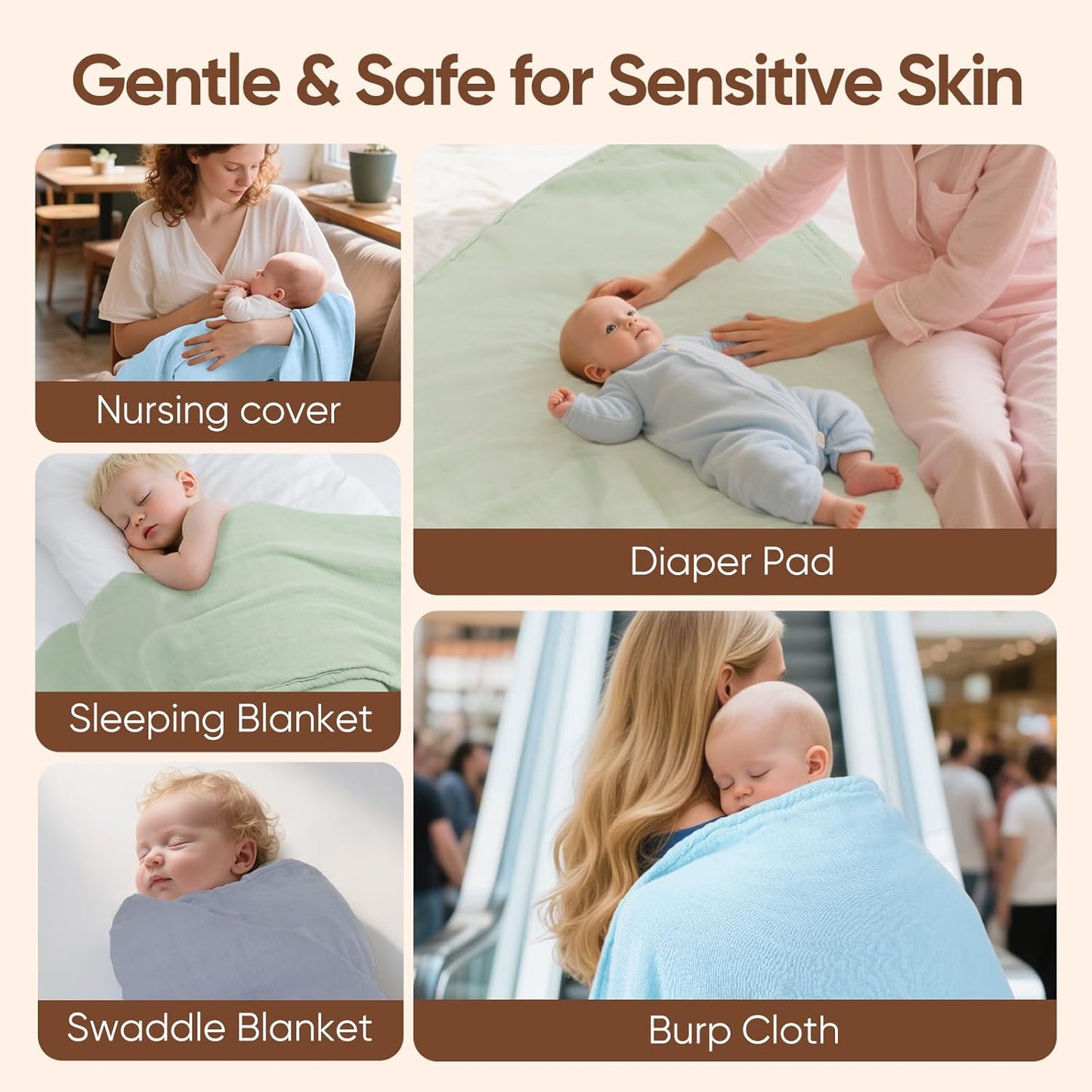 Muslin Swaddle Blankets, Nursery Receiving Blanket for Newborn, Baby Swaddle Wrap Soft Silky &