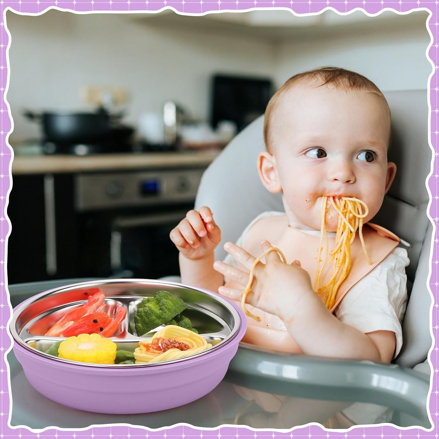 Nuogo 2 Pcs Stainless Steel Baby Suction Plates with Removable Silicone Shell 2-in-1 Metal Toddler Bowl Divided for Picky Eaters Kid Feeding Led Weaning Supply, Dishwasher Safe (Yellow,Purple)