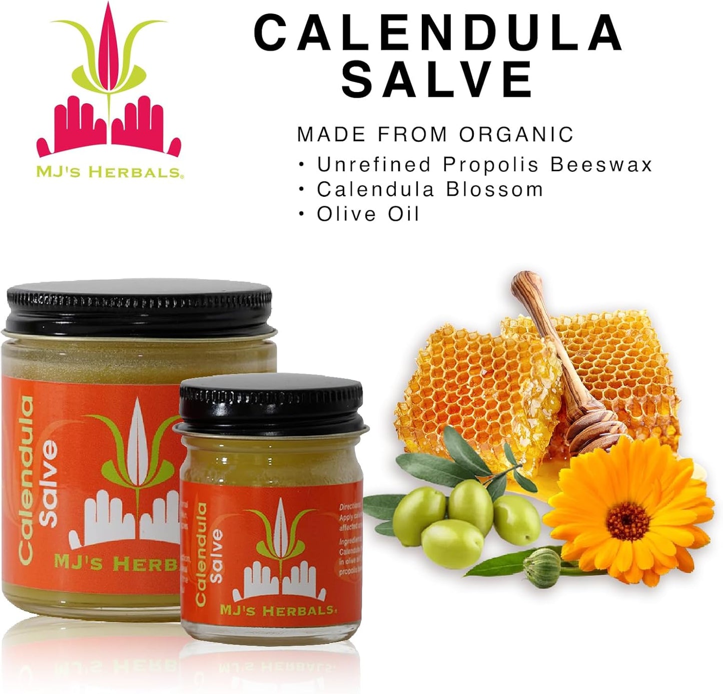 MJ's Herbals Calendula Salve - Skin Soothing Balm, Eczema Cream, Diaper Rash, Scars, Bug Bites, Made w/Calendula Blossoms & Propolis Beeswax (1 oz)