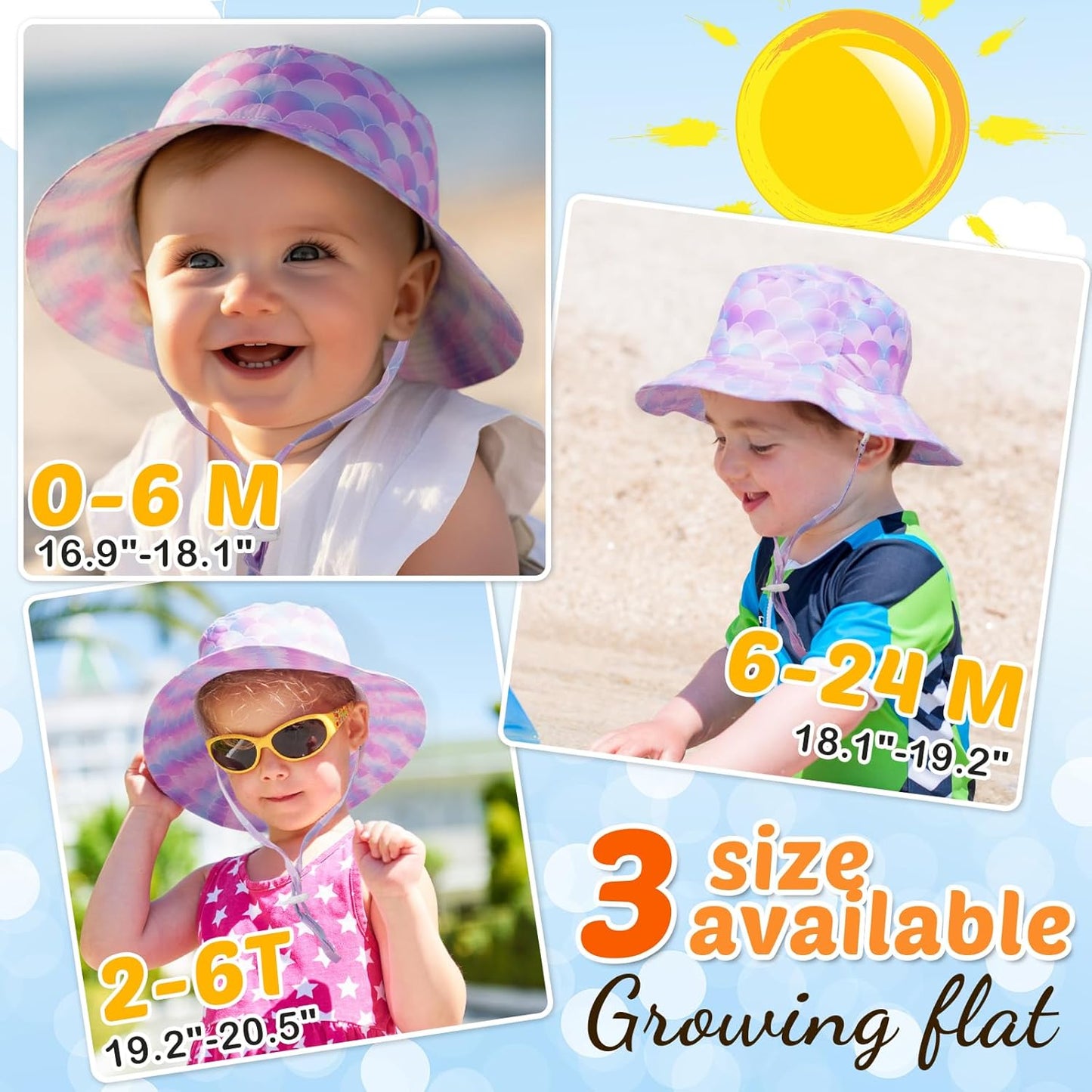 Baby Sun Hat Kids Summer UPF 50+ Toddler Bucket Hat Wide Brim Adjustable Beach Hats for Boys Girls Age 0-6 Years