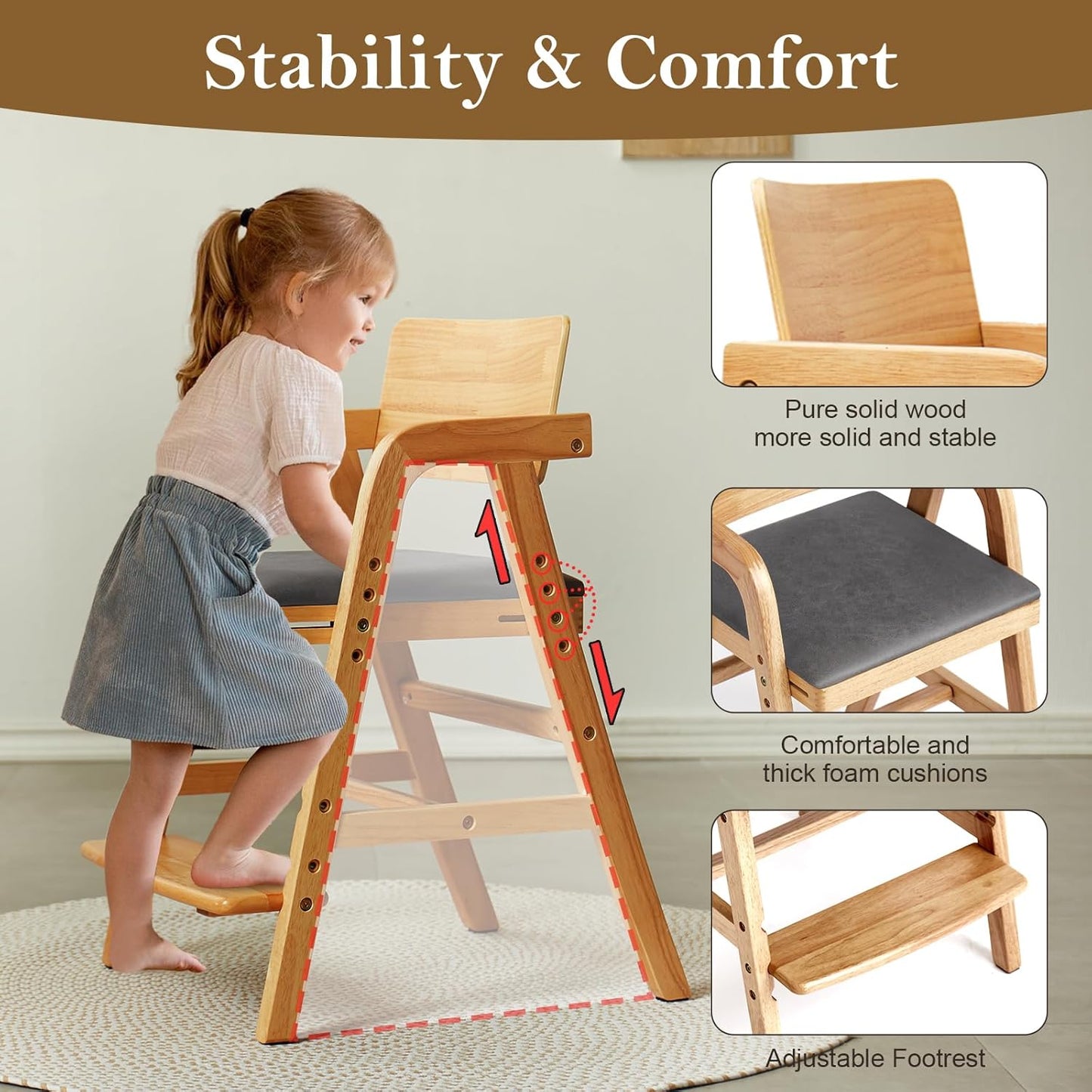 Solid Wood High Chair for Toddlers to Teens, Adjustable Height Toddler Dining Chair, Easy to Clean