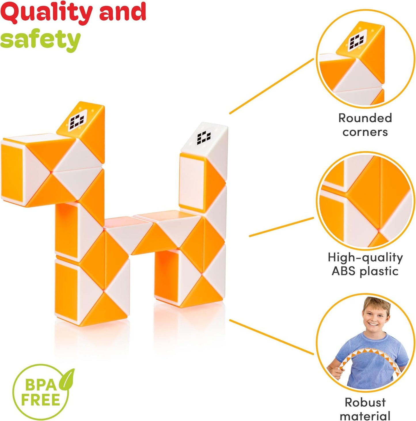 CUBIDI® Magic Snake Cube | Fidget Snake Toy for Kids | Travel Toys for Kids Ages 4-8 | Great Gift for Boys and Girls Birthday, Christmas, Stocking Stuffers - 24 Blocks | 0.9 x 0.7 inch | Orange