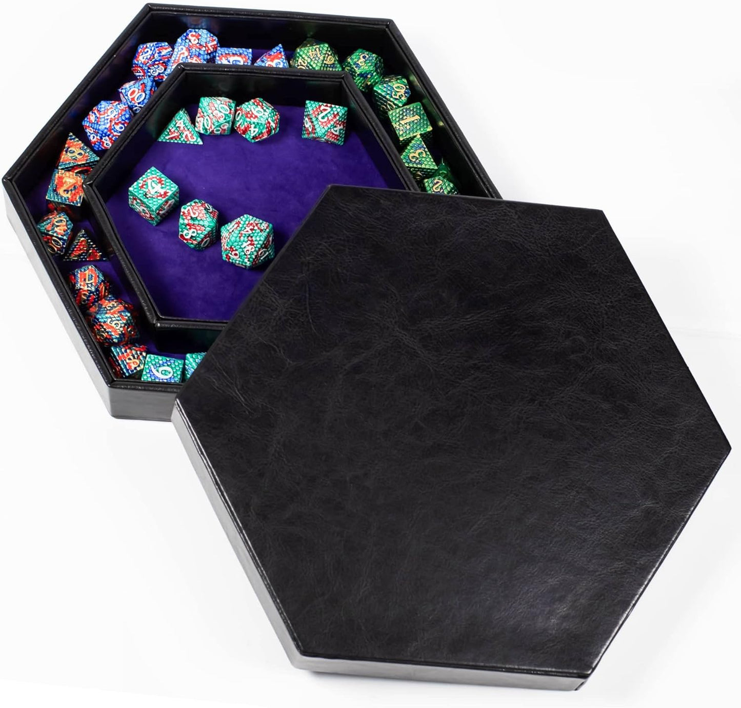 DND Dice Tray - 2 in 1 Rolling and Storage Hexagonal Tray, Faux Leather, Purple