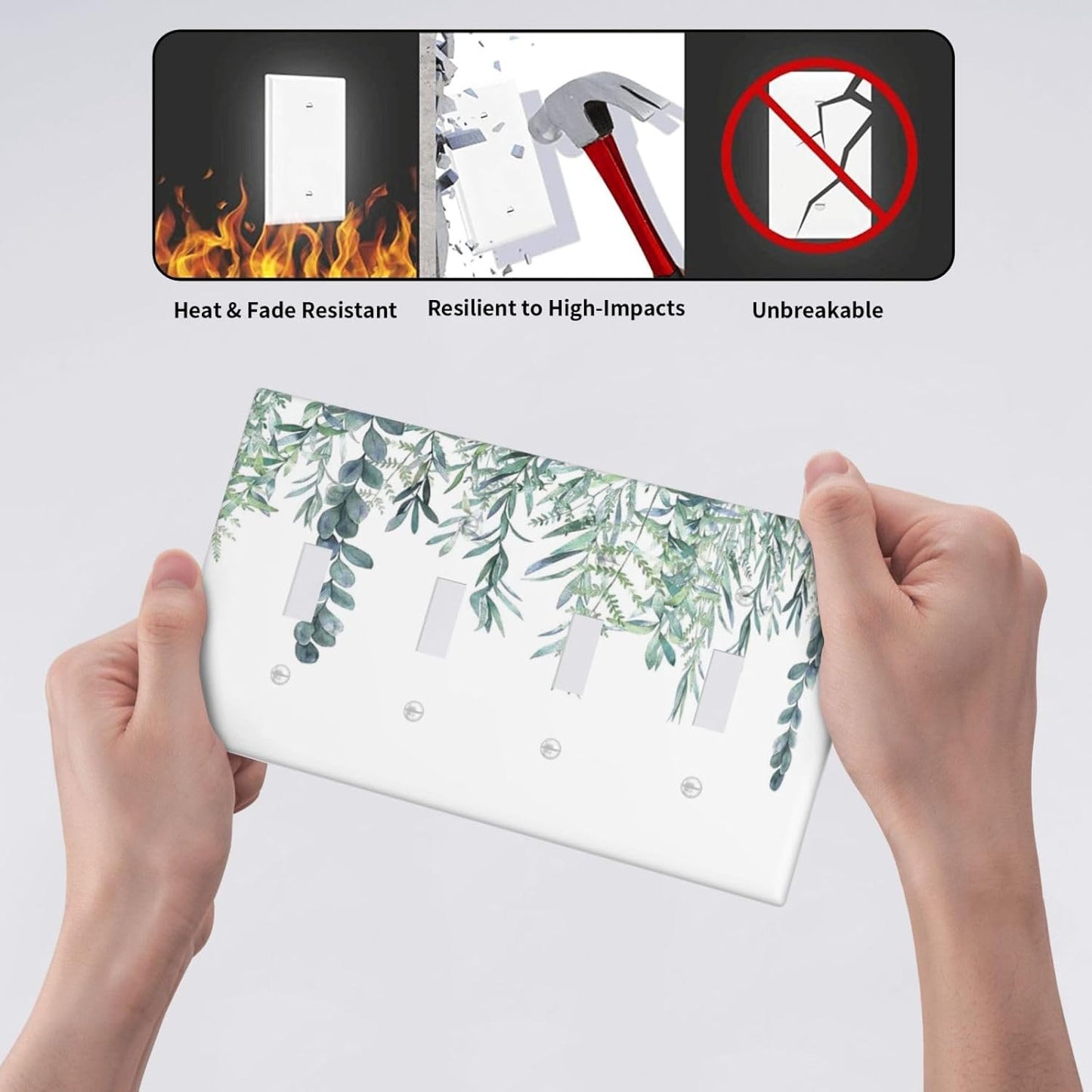 Eucalyptus Leaves Greenery Vine Flowers Simplicity Light Switch Covers Quad Toggle Electrical Faceplate 4 Gang Wall Plate Decorative Switch Plates for Bed Room Living Room Decor