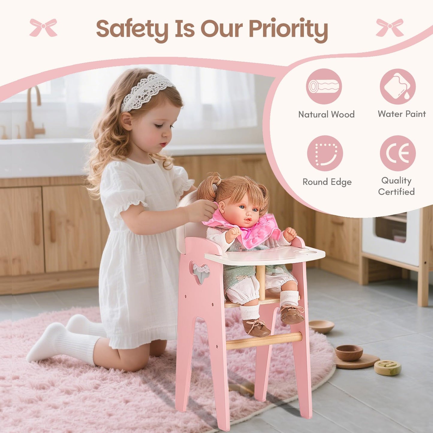 Giant bean Wooden Baby Doll High Chair with Feeding Set for 18 Inch Dolls