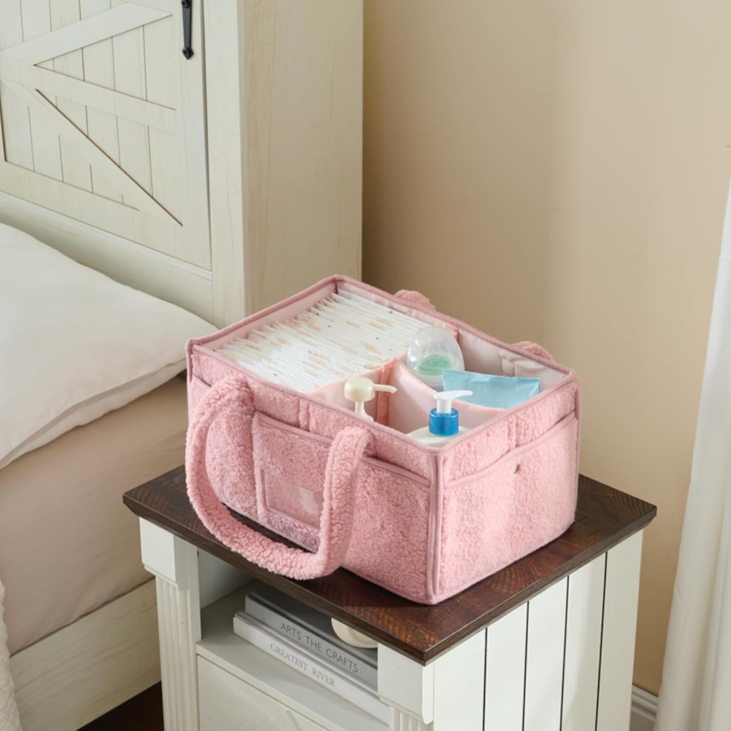 luxury little Diaper Caddy Organizer, Large Cotton Rope Nursery Baby Basket, Changing Table Organizer for Baby Diaper Storage, Portable Car Organizer with Removable Divider (Pink)