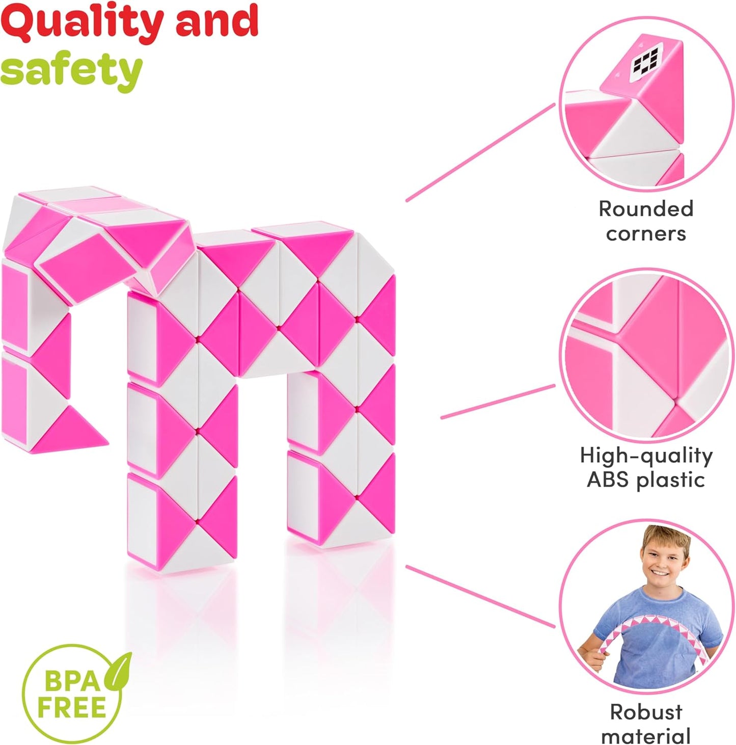 CUBIDI® Magic Snake Cube | Fidget Snake Toy for Kids | Travel Toys for Kids Ages 4-8 | Great Gift for Boys and Girls Birthday, Christmas, Stocking Stuffers - 48 Blocks | 0.9 inch x 0.7 inch | Pink