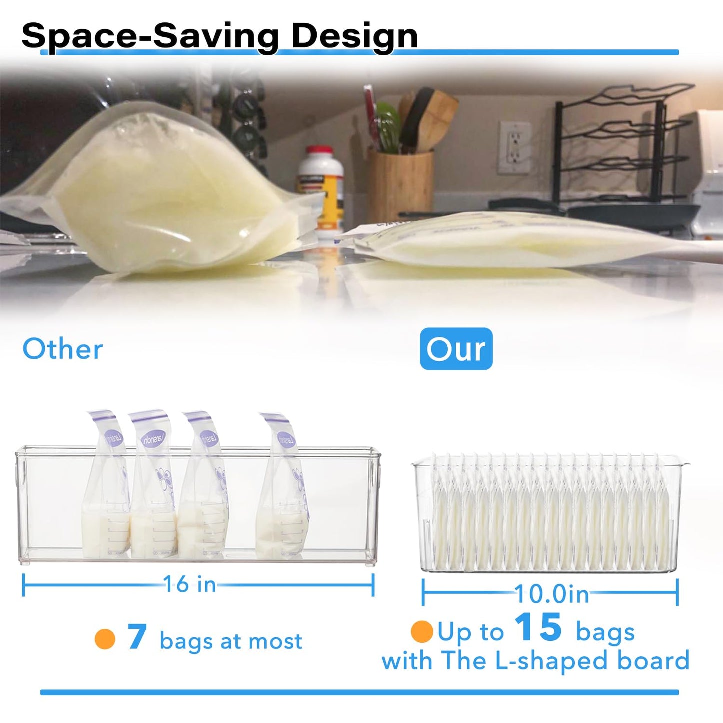 Breastmilk Storage Container with 4 Freezer Flattener Kit to Flatten Standing Breast Milk Bags in