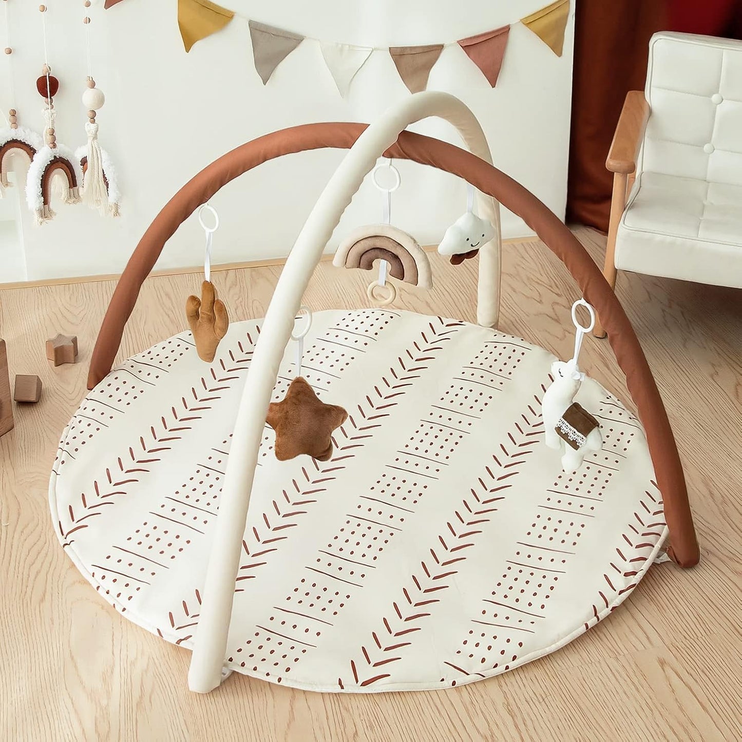 Razee Baby Gym Mat Infant Activity Gym Mudcloth Baby Activity Center with Play Mat with 5 Toys for Babies as Shower Use