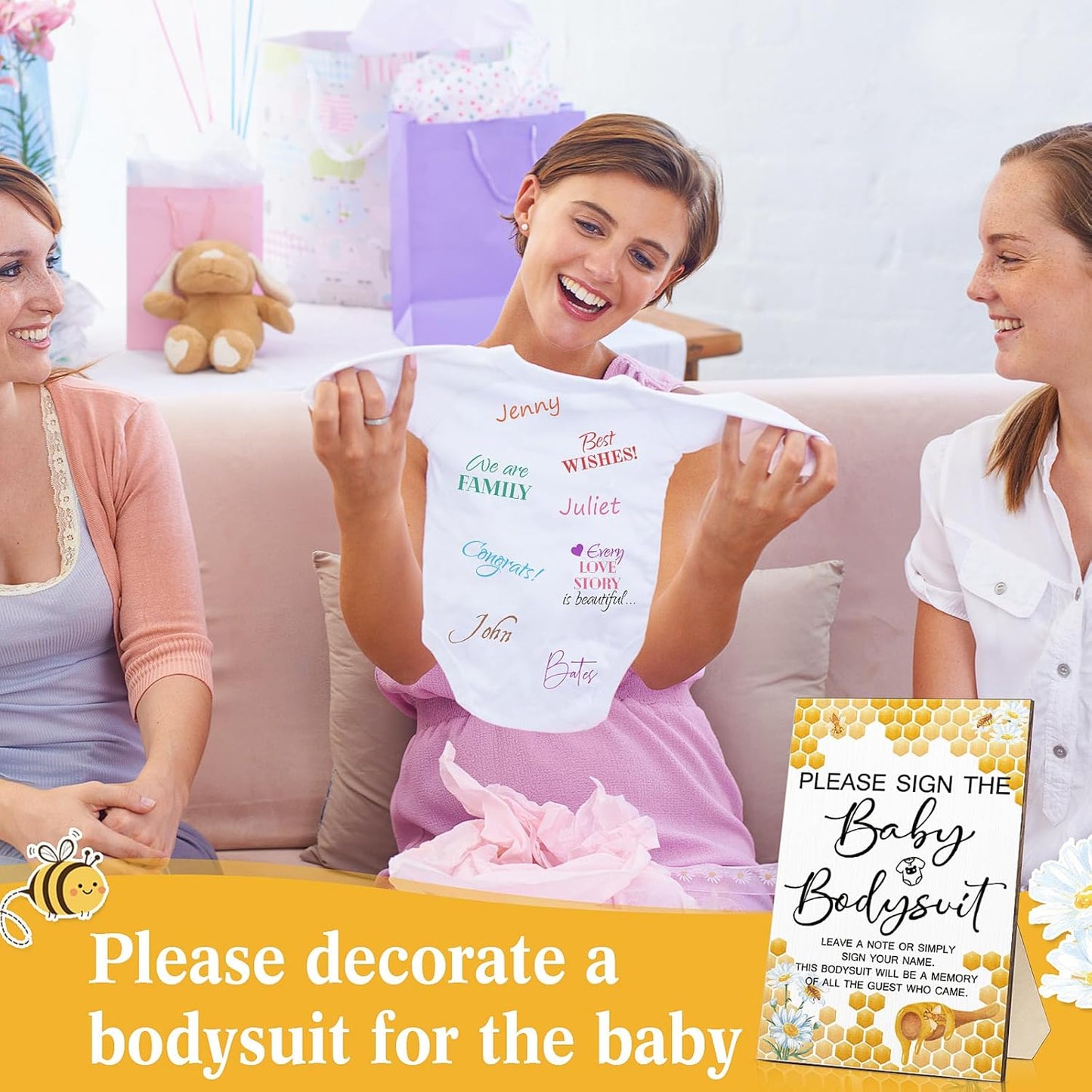 Qunclay 12 Pcs Baby Bodysuit Baby Shower Game Include 1 Game Wooden Sign Tabletop Decor 1 White Blank Newborn Bodysuit 10 Fabric Marker for Gender Reveal Party(Bee)