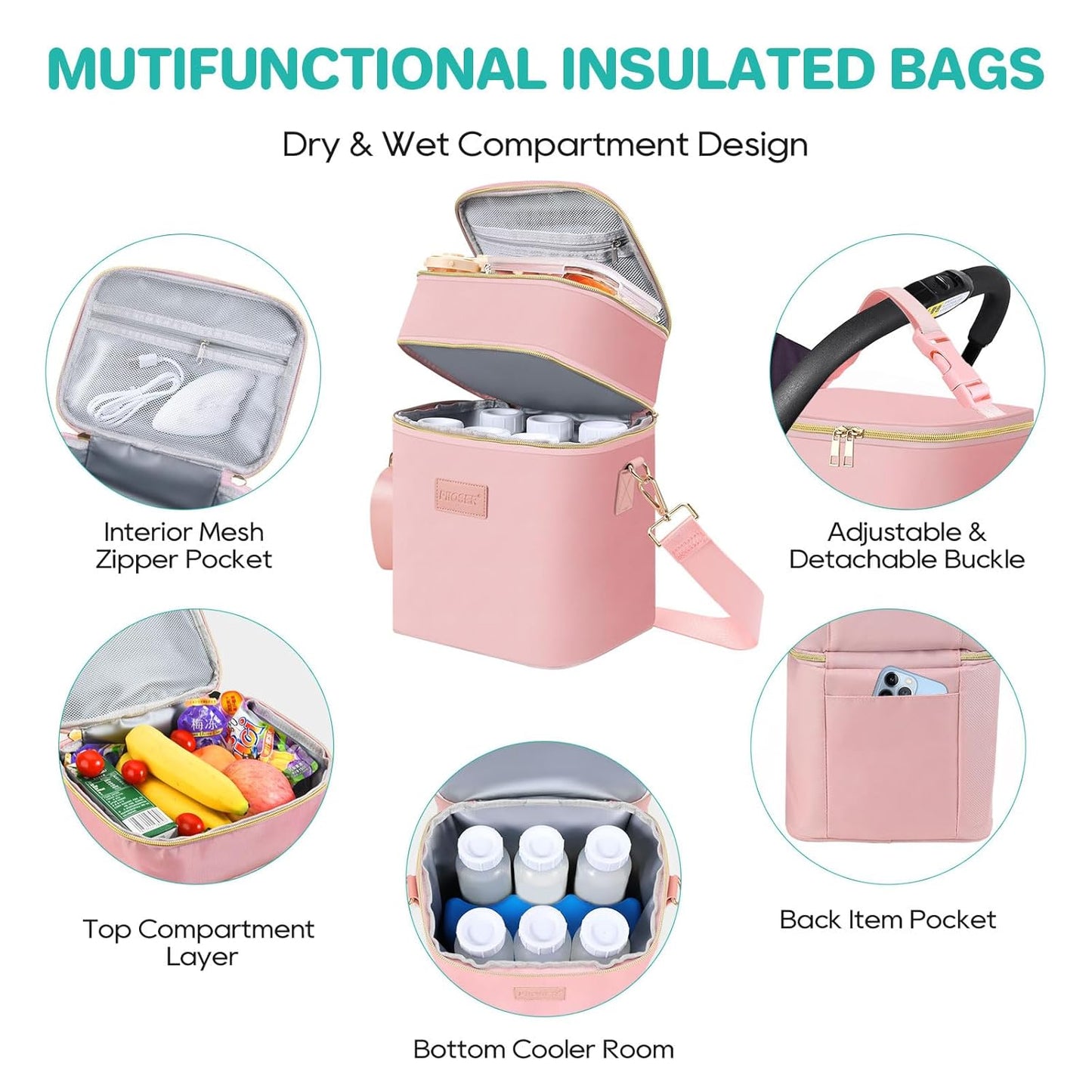 PIIOSER Breastmilk Cooler Bag with Ice Pack Fits 6 Baby Bottles Up to 9 Ounce, Insulated Baby