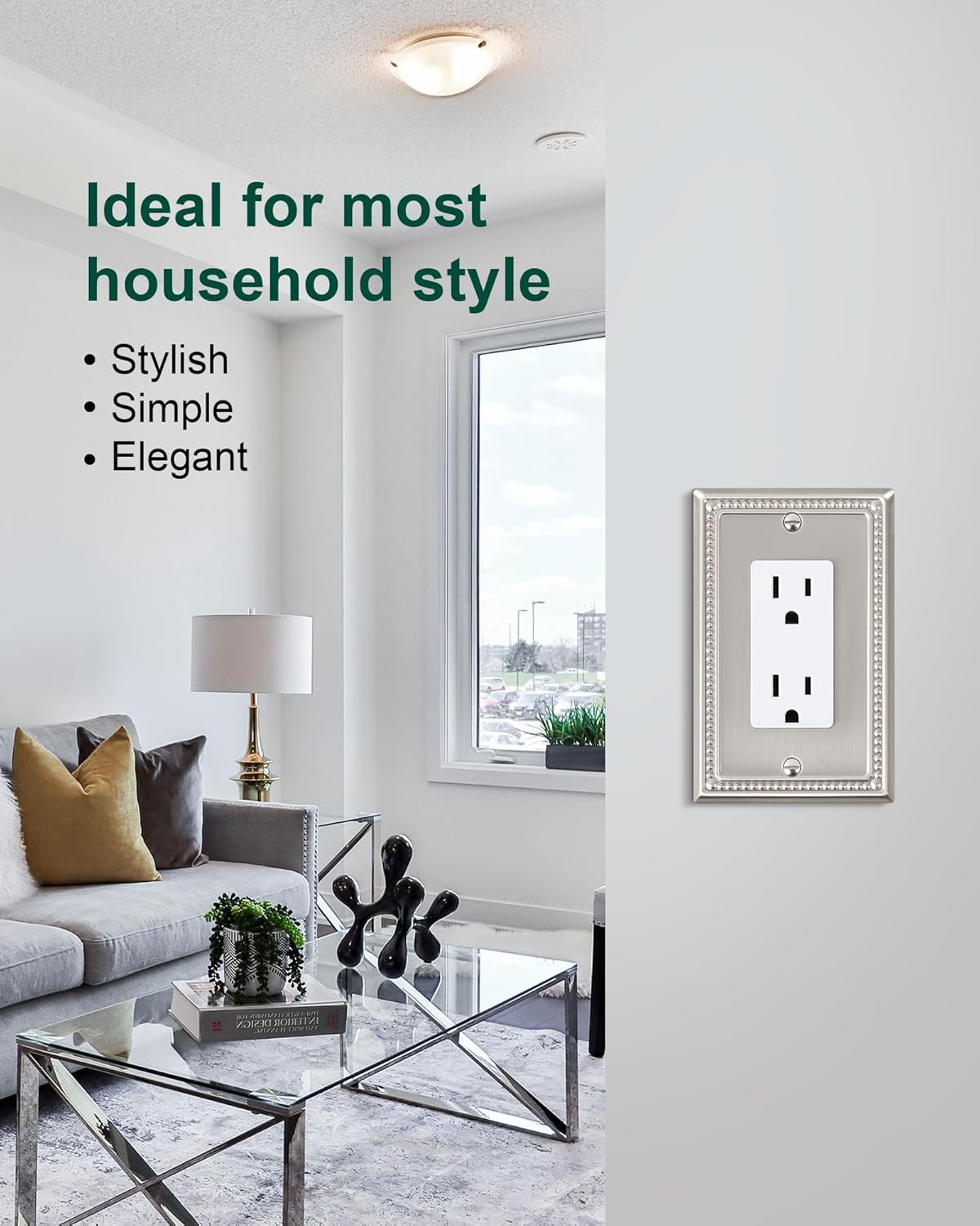 4-Pack Decorator Outlet Cover Plate, Decorative Switch Plates and Outlet Covers, Brushed Nickel Metal Wall Plates for Electrical Outlets, Receptacle, GFCI Outlet, Dimmer Switch