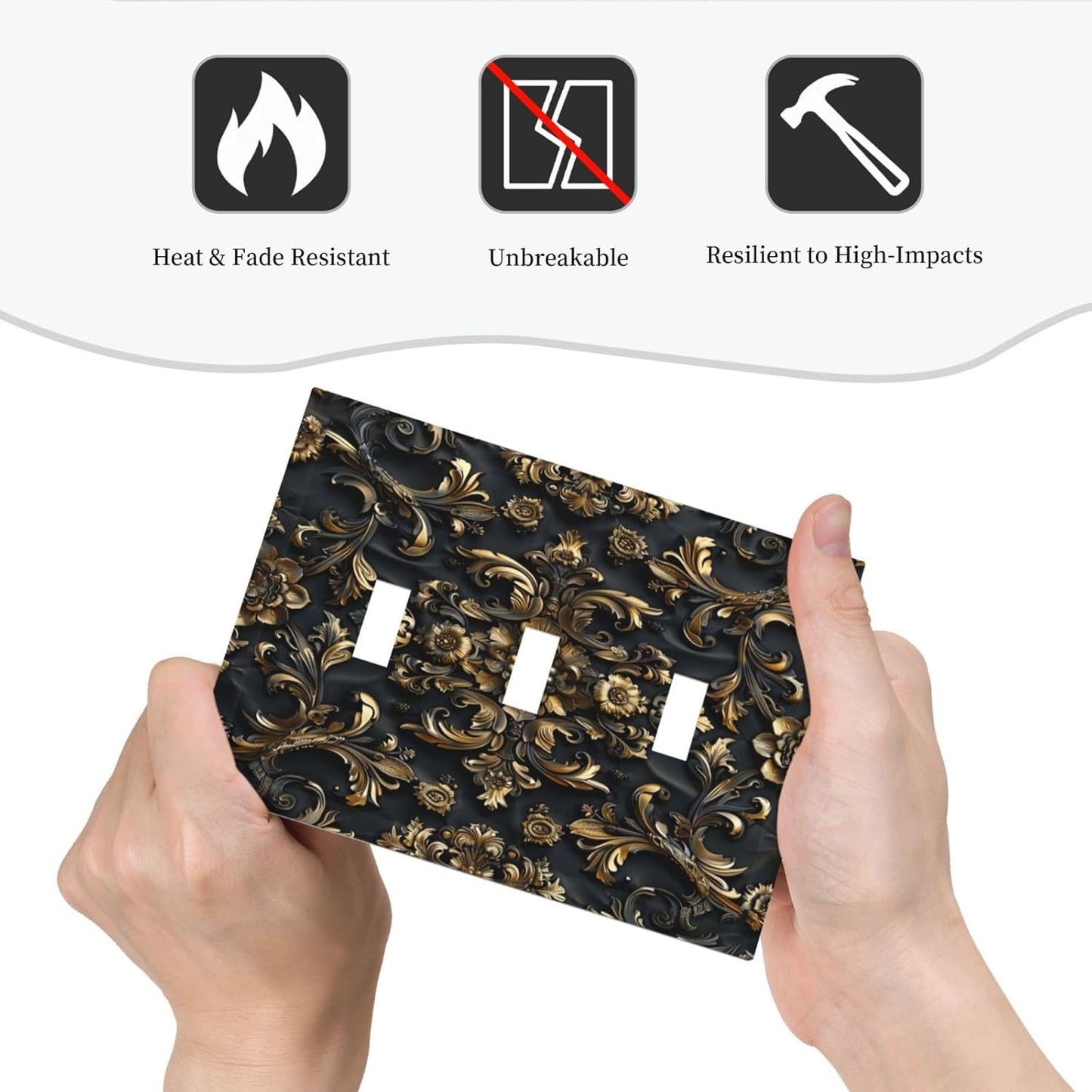 Decorative Switch Covers Plate Rococo Vintage Black Golden Leaf Morris Vine 3 Gang Artistic Wall Plate Unique Triple Toggle Light Switch Plate Jumbo Faceplate for Bedroom Home Decor