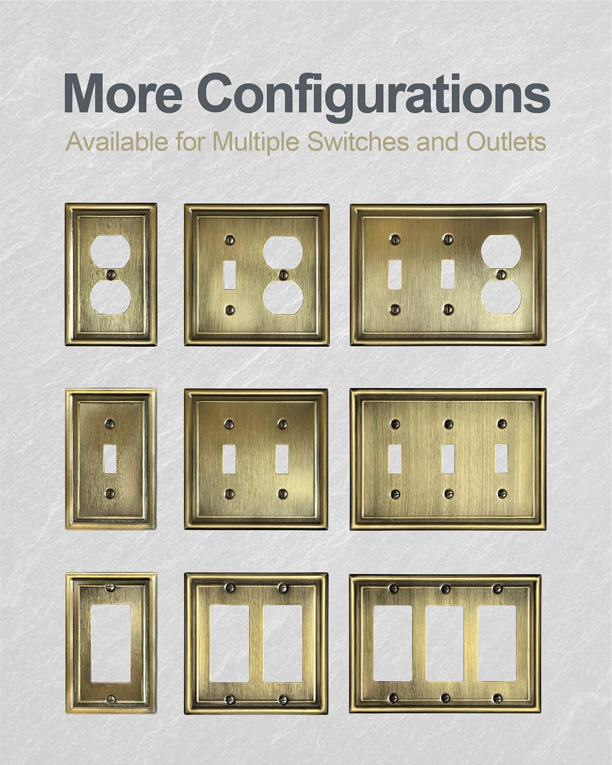 Combination 2 Toggle and 1 Duplex Metal Wall Plate, 3-Gang Switch Plates and Outlet Covers, Decorative Antique Brass Finish, Corrosion Resistant, 2-Pack, Midsize