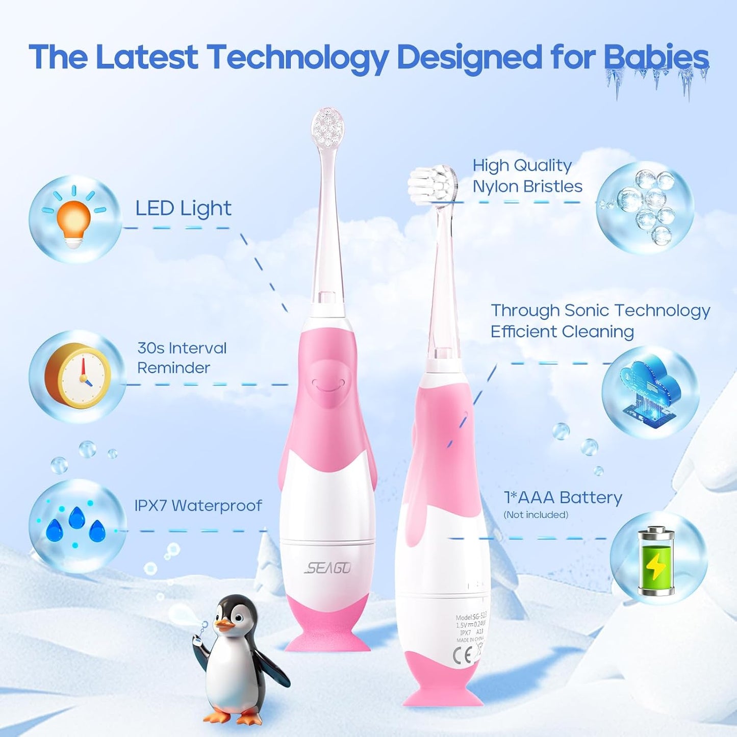 SEAGO Toddler Electric Toothbrushes for Baby Ages 0-3 Years, Baby Toothbrush with Smart Timer and