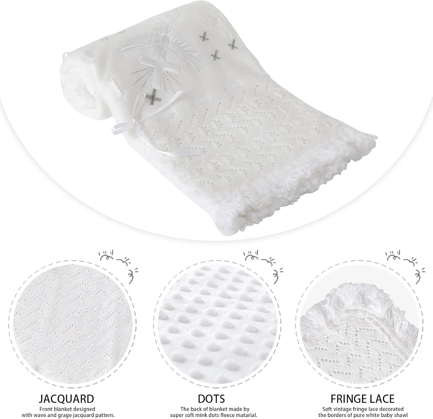 Booulfi Baby Christening Blanket Newborn White Baby Blanket Shawl Neutral Knitted Baptism Blankets