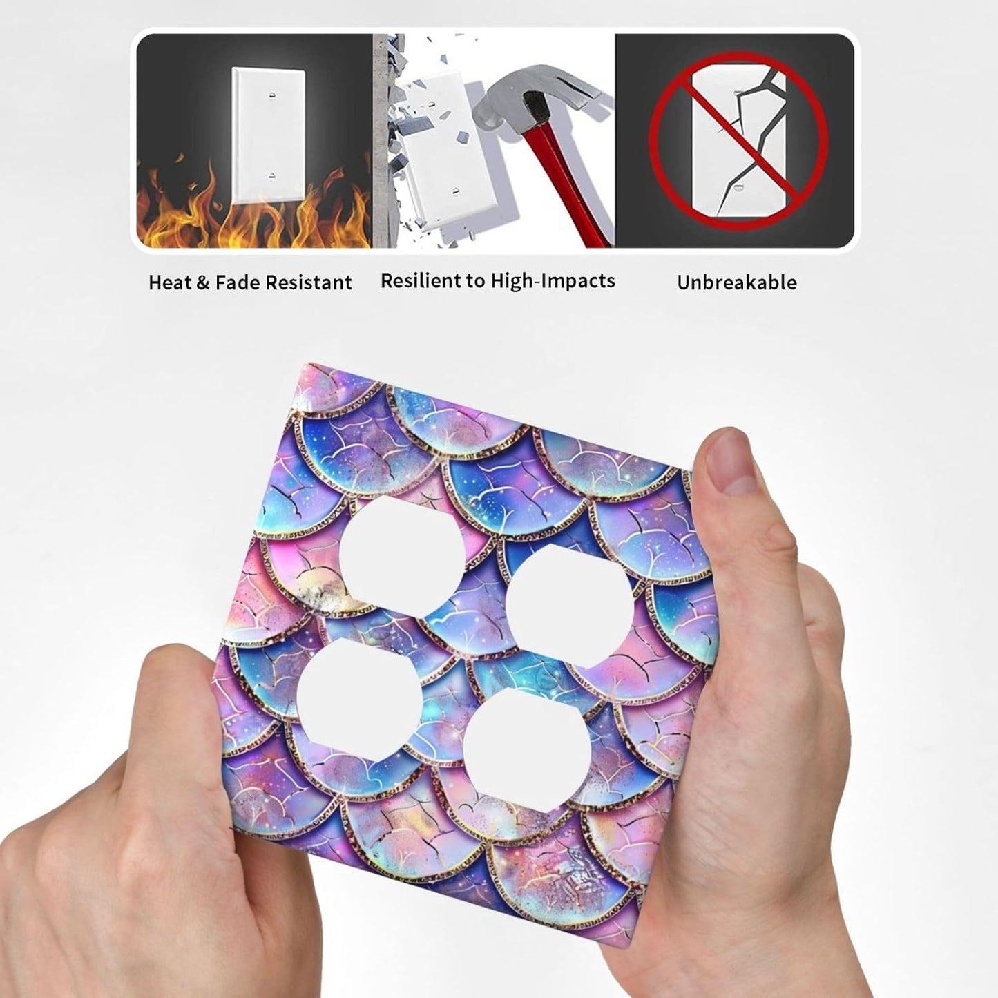 Decorative Outlet Covers Cute Pink Purple Mermaid Scales 2 Gang Wall Plate Cover Double Duplex Receptacle Two Switch Light Switch Cover Plate Jumbo Faceplate for Bedroom Home Decor