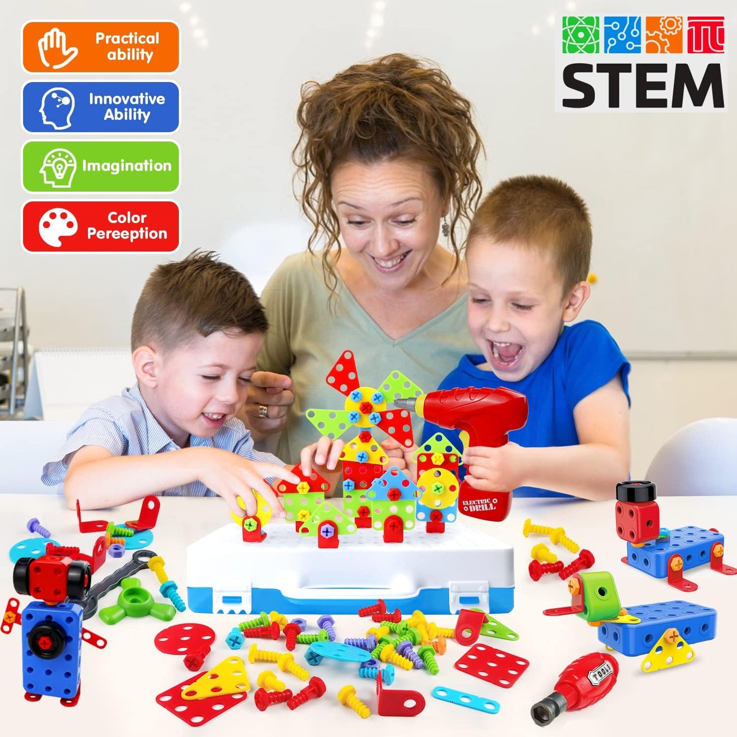 STEM Toys for 3 5 7 Year Old Boys Kids, 232 Pcs Kids Drill Set Building Blocks, DIY Educational Construction Engineering Toys, Creative Mosaic Electric Drill Set Gift for Kid Boys Girls Age 3-8 Years