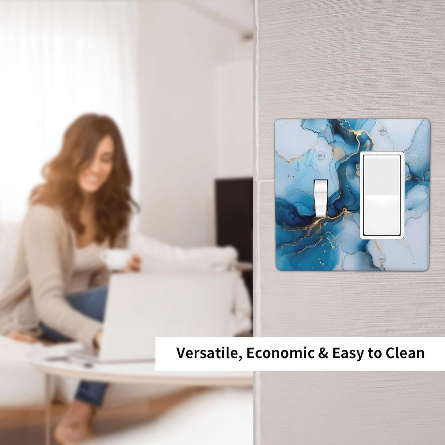 Decorative Outlet Covers Modern Abstract Blue Gold Line Marble 2 Gang 1 Gang Wall Plate Cover Single Toggle Rocker Combo Light Switch Cover Plate Face Plate for Bedroom Home Decor