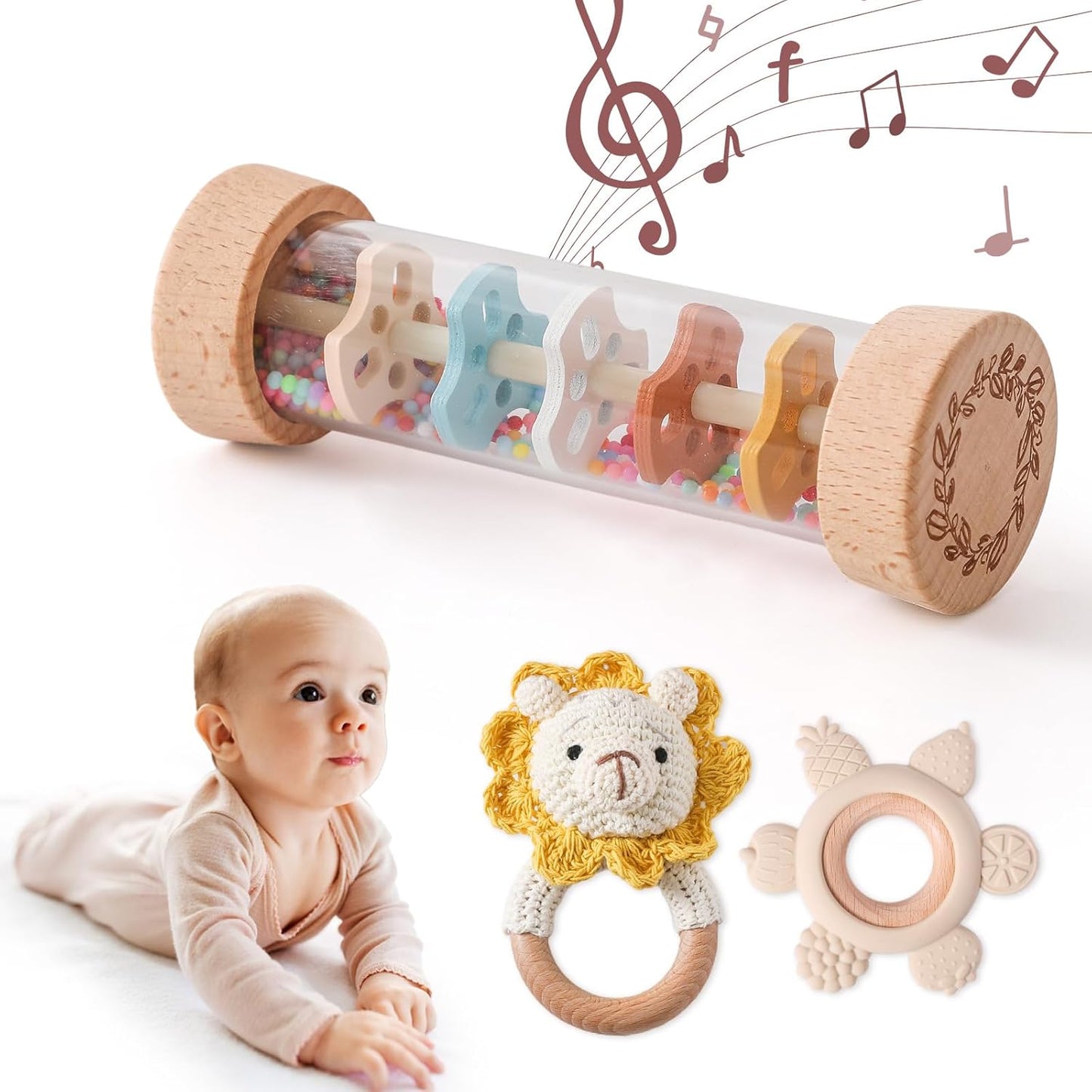 Youuys Wooden Baby Rattle Set (3pcs) - Crochet Rattle Rain Stick Teething Toys, Wooden Montessori Toy for Newborn Infant Baby Rattles Set Toys 3-6-12 Months(Lion)