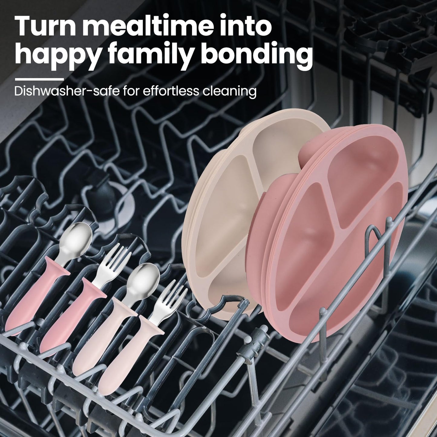 Eascrozn 2 Pack Silicone Baby Plates with Suction, Forks and Spoons Set