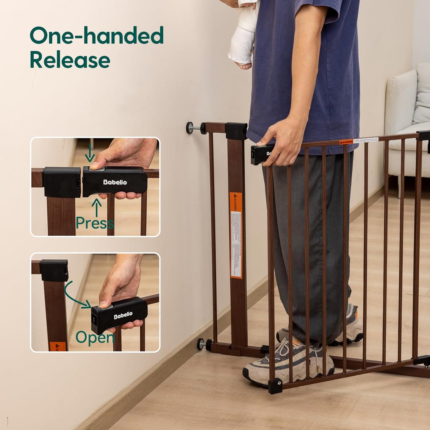 BABELIO 29-40" Metal Baby Gate with Black Wood Pattern, Auto Close Dog Door for The House、Stairs and Doorways, Pressure Mounted Pet Barrier, with Wall Protectors and Extenders