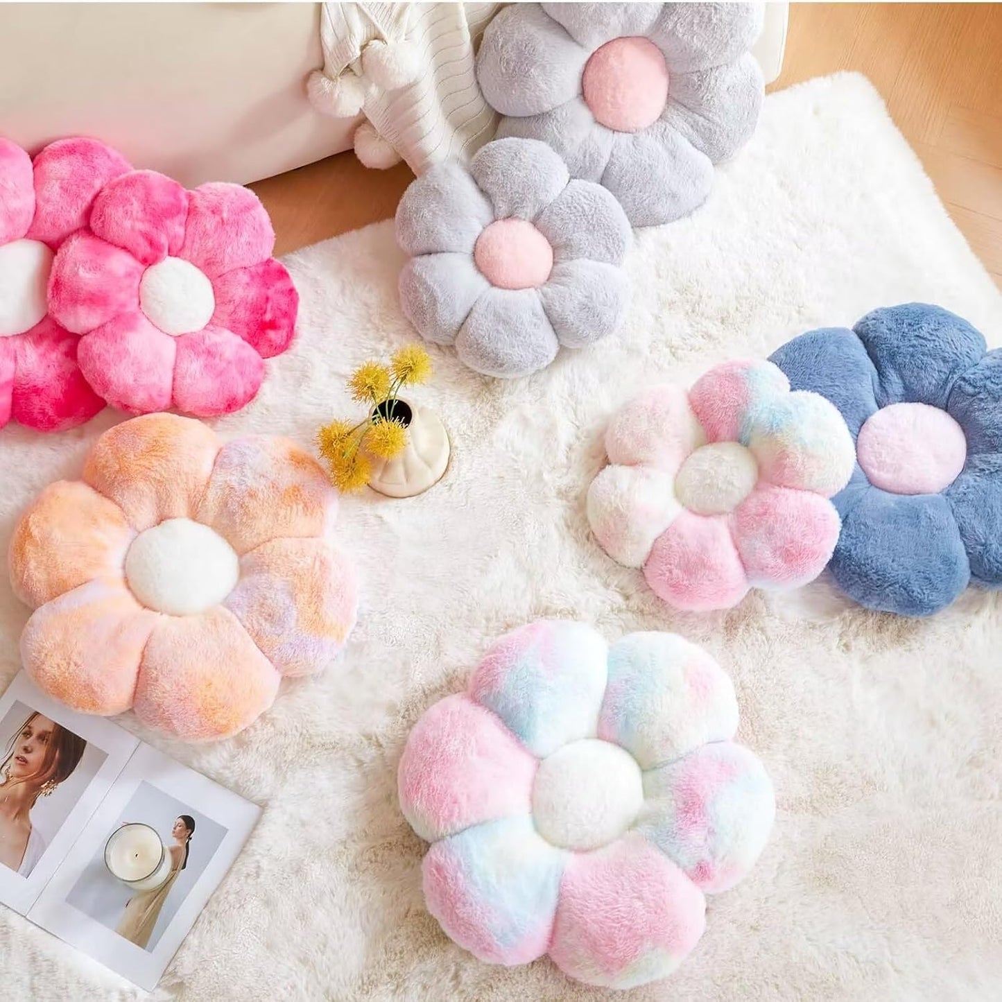 Rainbow Pink Flower Pillow, Cute Decorative Flower Shaped Throw Pillow with Faux Rabbit Fur, 19.6" Soft Flower Plush Throw Pillow Floor Pillows Room Décor for Bedroom Living Room