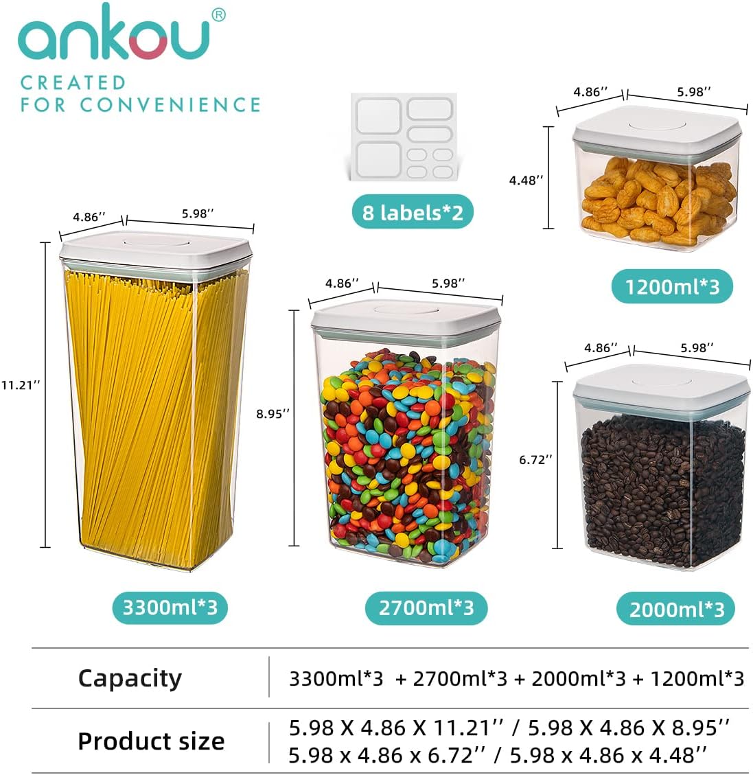 Ankou Pop Airtight Food Storage Containers with Lids for Kitchen Pantry Organizing Stackable
