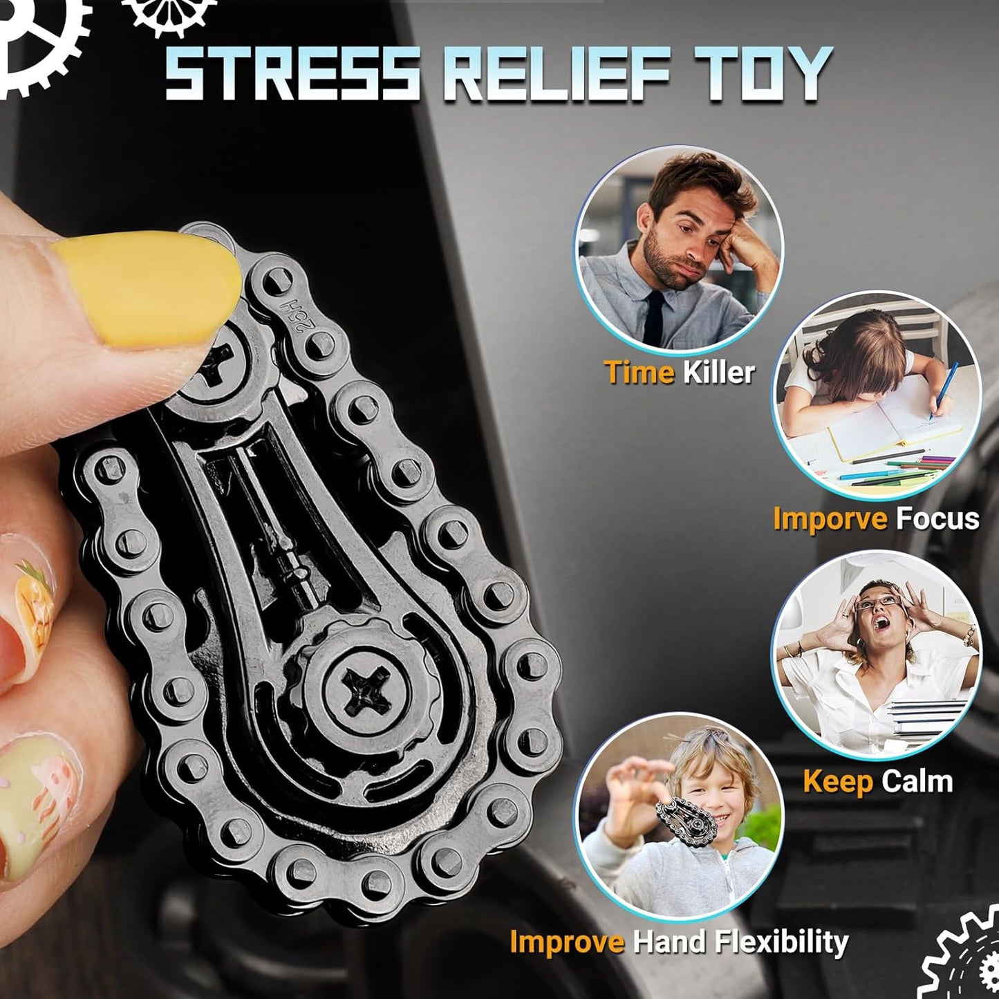 Cool Sprockets Fidget Bike Chain Hand Roller for Anxiety Relief, Assemble Fidget Spinner Ring Toy for Gift, Metal Fingertip Spinning Sensory Toy for Adult Kid 4-8 8-12