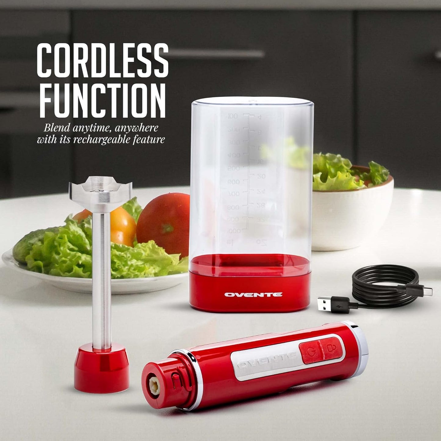 OVENTE Cordless Immersion Hand Blender, Rechargeable Handheld Portable Stick Mixer with 8 Mixing