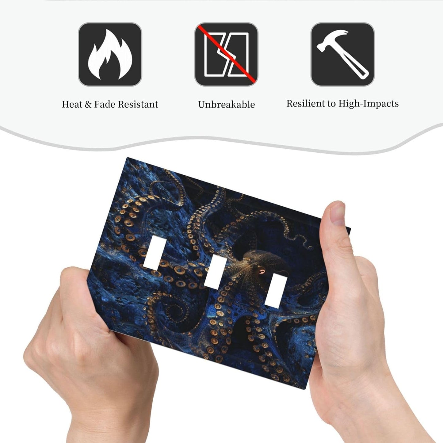 Decorative Switch Covers Plate Horror Night Blue Ocean Evil Octopus 3 Gang Artistic Wall Plate Unique Triple Toggle Light Switch Plate Jumbo Faceplate for Bathroom Bedroom Home Decor