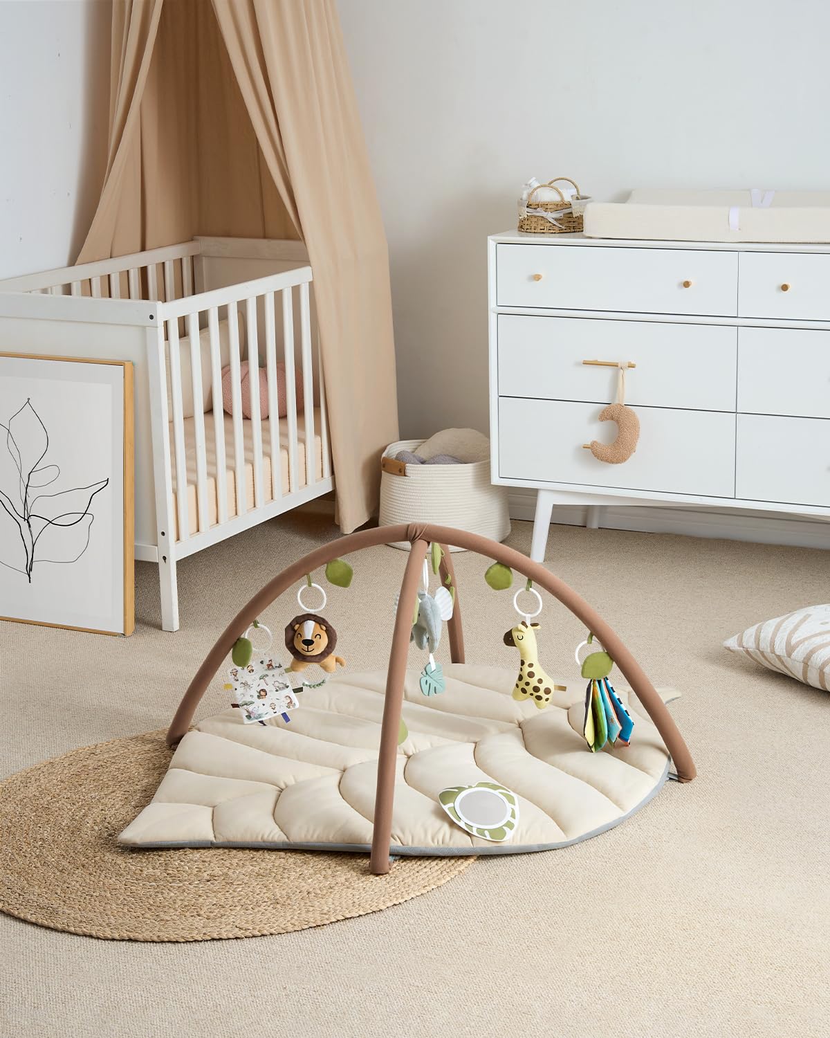 Blissful Diary Baby Play Gym & Activity Mat, Leaf Shaped Baby Tummy Time Play Mat with 6 Detachable Toys, Promotes Motor Skills & Sensory Development, Newborn Baby Essentials Gift, Oatmeal Beige