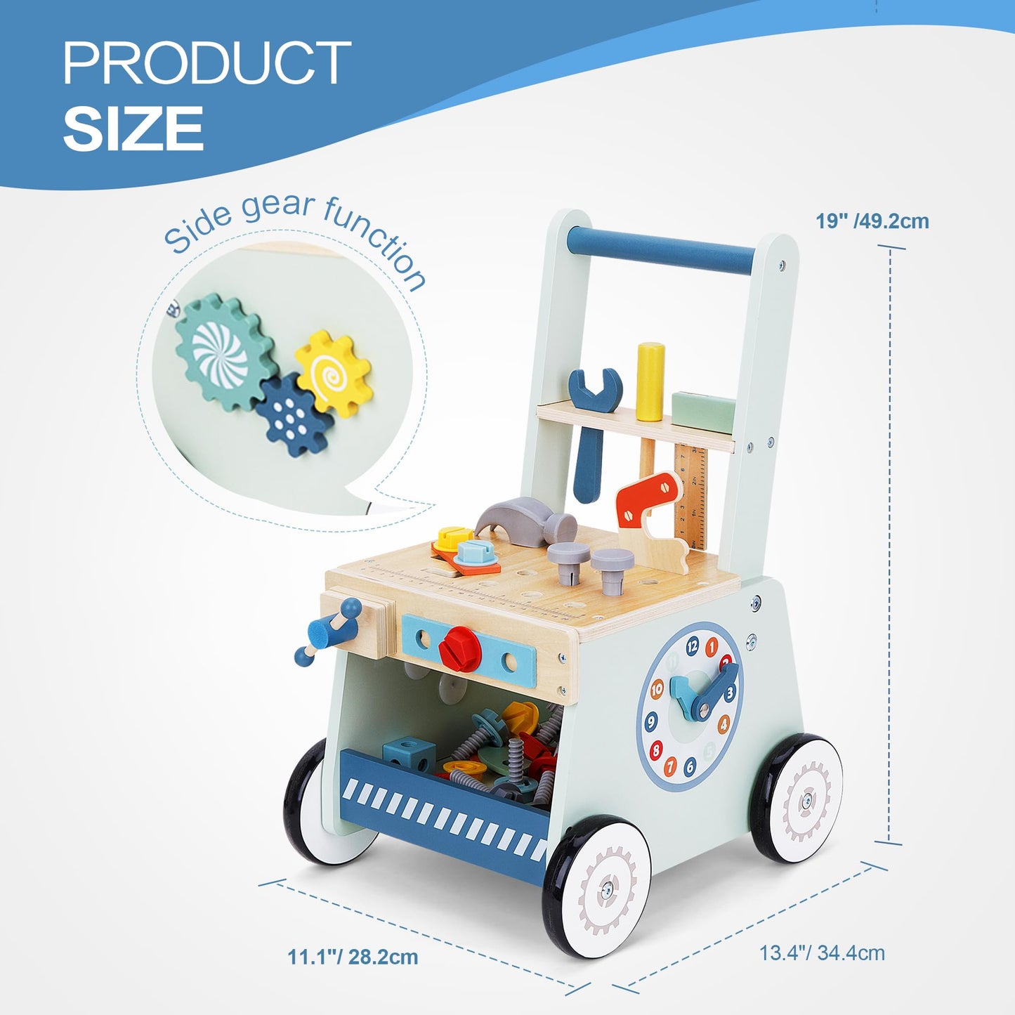 2-in-1 Wooden Baby Walker and Tool Bench with Building Play, Blue