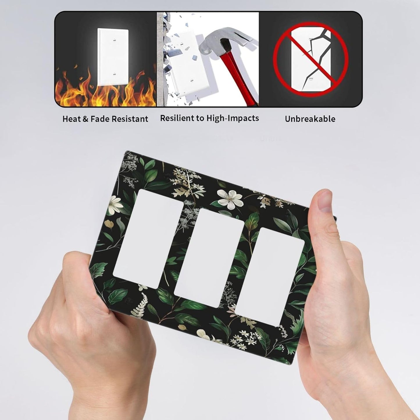 Decorative Outlet Covers Rustic Green Leaves White Flower 3 Gang Wall Plate Triple Rocker Light Switch Cover Plate Jumbo Electrical GFCI Faceplate for Country Bedroom Home Decor