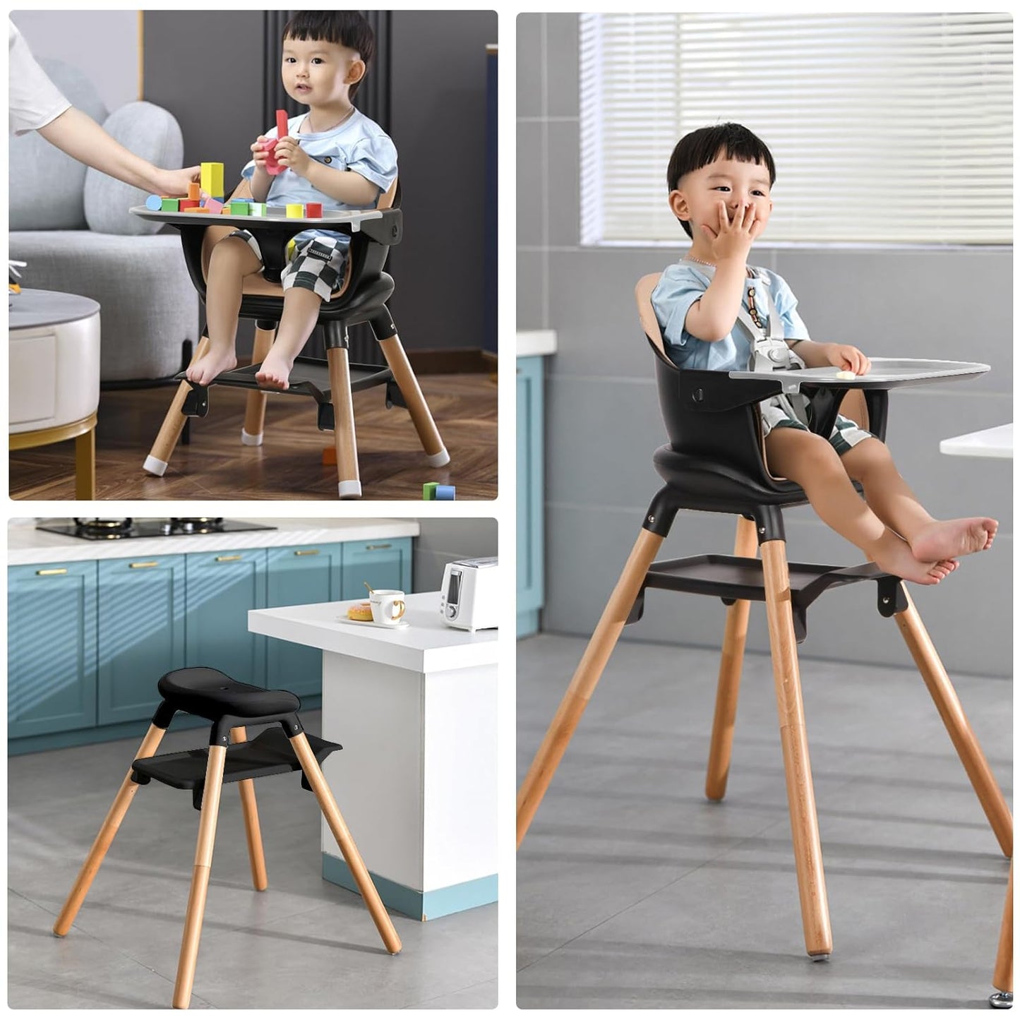 Baby High Chair, 6 in 1 Wooden Convertible High Chairs for Babies and Toddlers, Booster Seat with