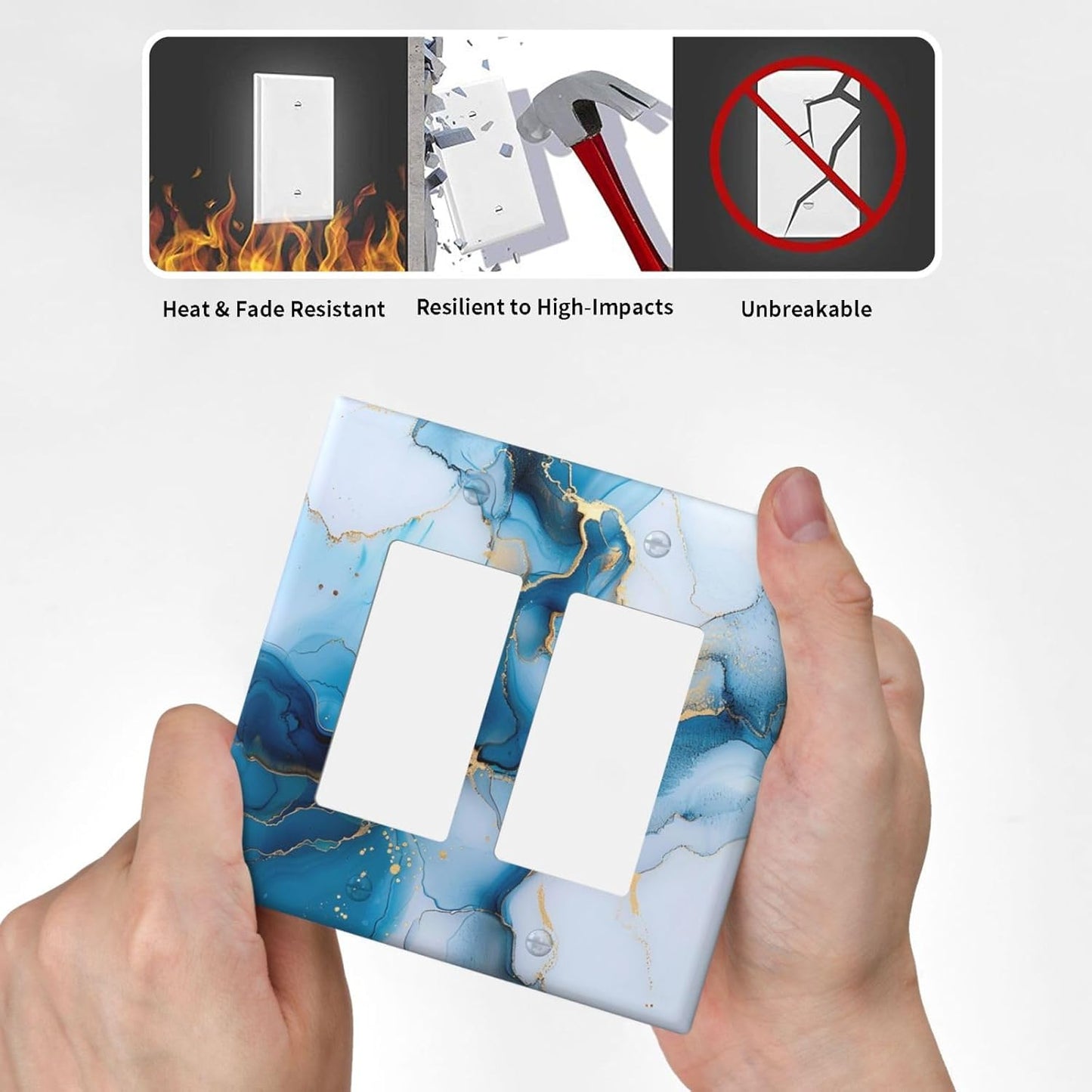 Decorative Outlet Covers Modern Abstract Blue Gold Line Marble 2 Gang Wall Plate Double Rocker Two Switch Wall Cover Plate Light Switch Cover Plate Faceplate for Bedroom Home Decor