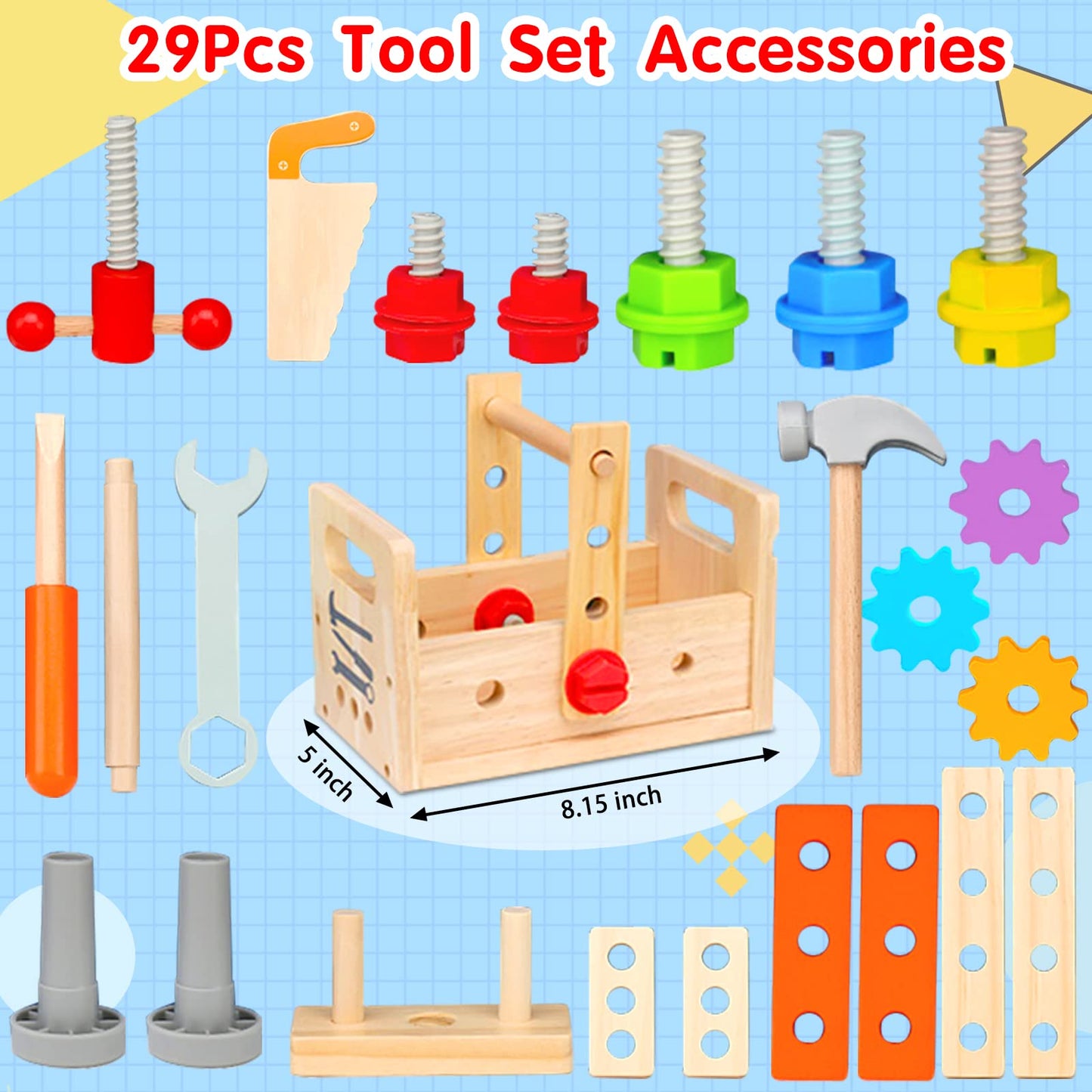 Mgtfbg Kids Tool Set - 29Pcs Wooden Toddler Tool Set with Tool Box