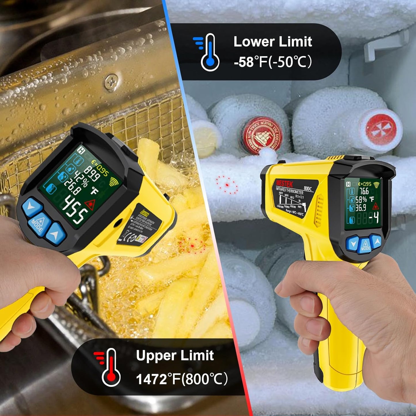 MESTEK Infrared Thermometer Laser Temperature Gun, -58°F to 1472°F (-50~800°C), Non-Contact Digital