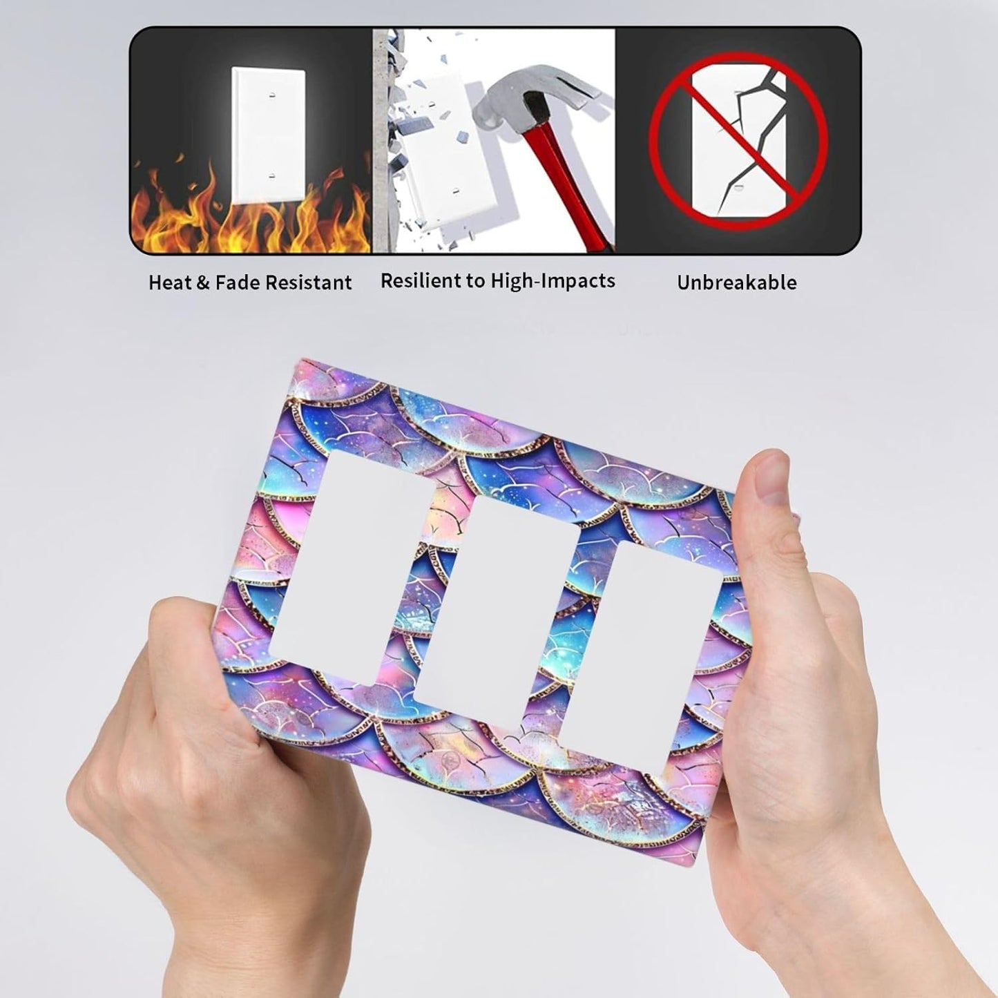 Decorative Outlet Covers Cute Pink Purple Mermaid Scales 3 Gang Wall Plate Triple Rocker Light Switch Cover Plate Jumbo Electrical GFCI Faceplate for Girlroom Bedroom Home Decor