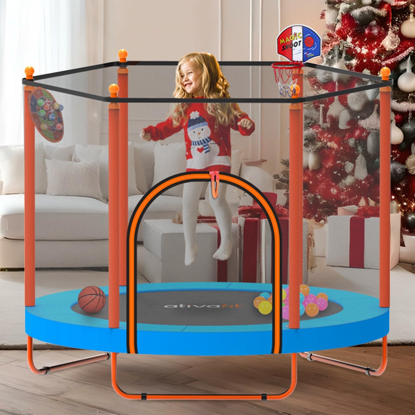 ATIVAFIT 60″ Indoor‑Outdoor Kids Trampoline Mini Rebounder with Safety Net & Hoop, Ideal for
