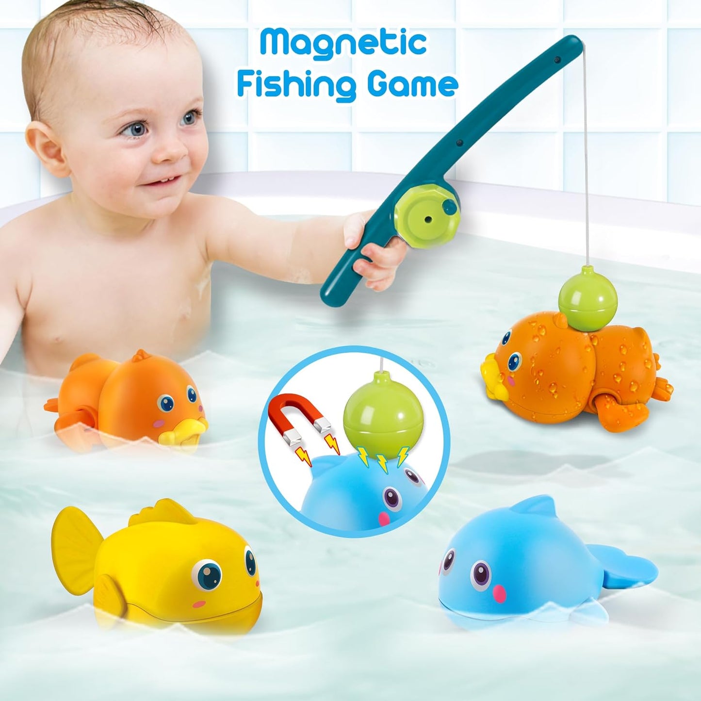 Dwi Dowellin Bath Toys for Toddlers, Magnetic Fishing Games Kids Bathtub Toys, Mold Free Wind-up